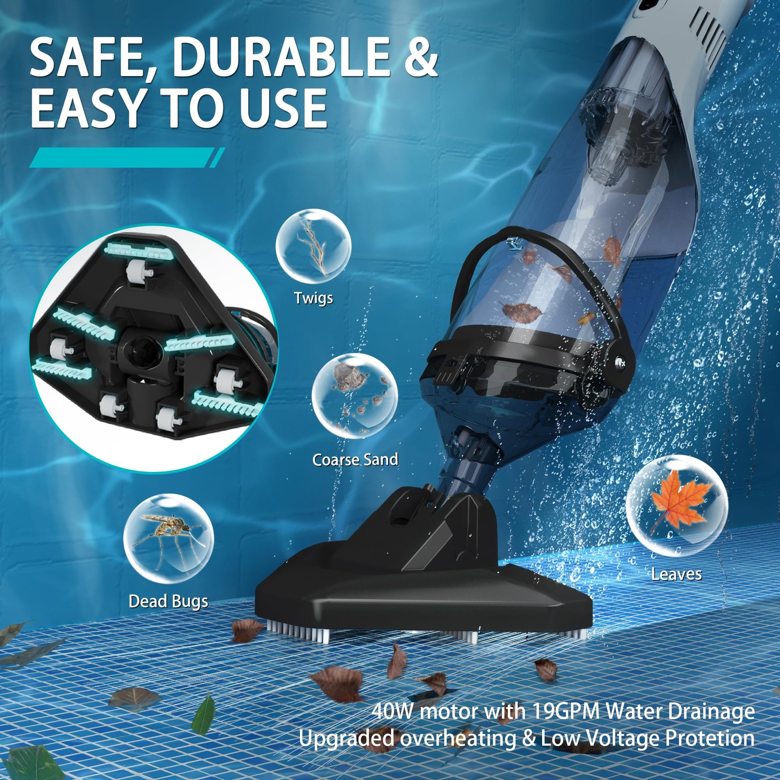 Cordless Above Ground Pool Vacuum, 19 GPM Handheld Spa Hot Tub Vacuum Cleaner