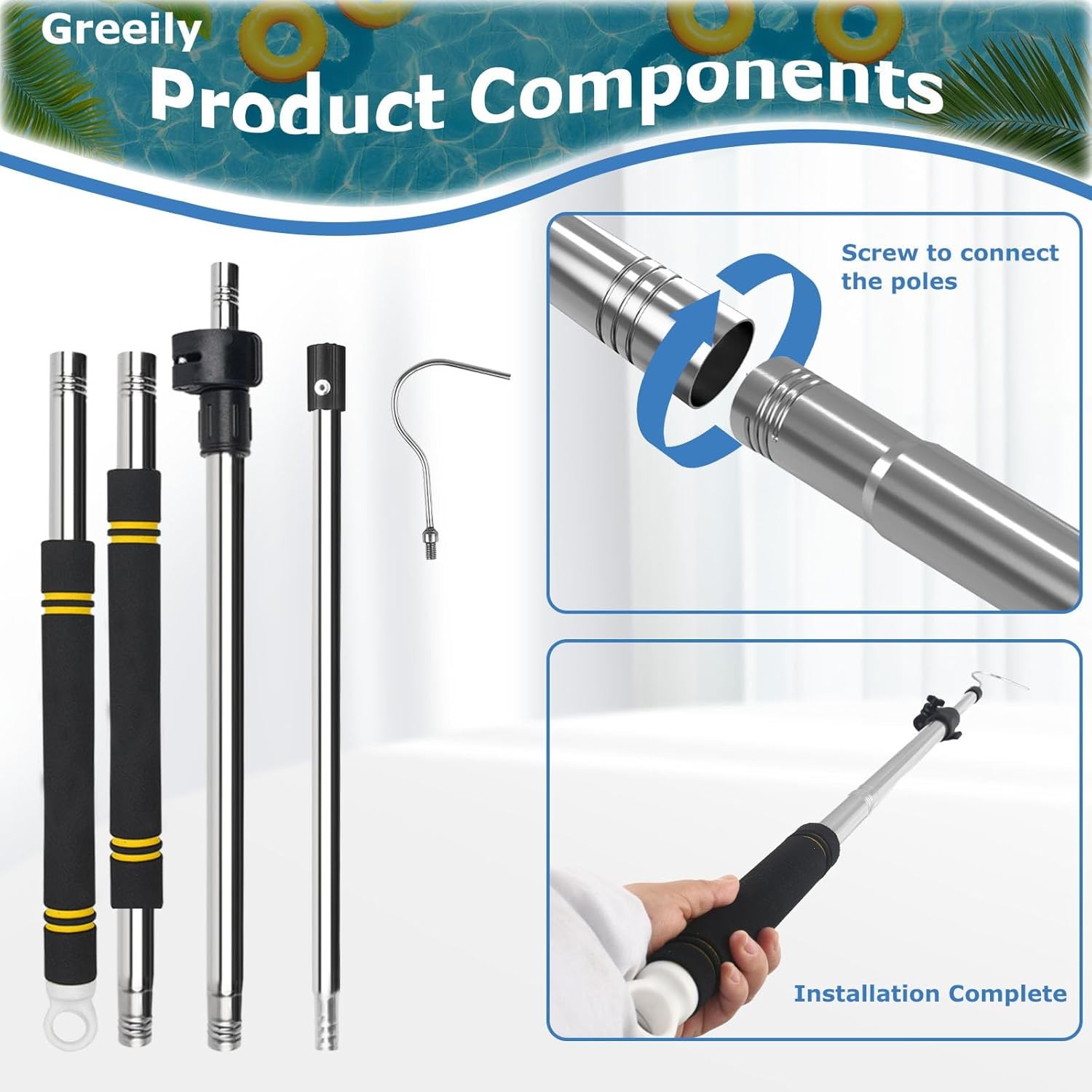 Pool Retrieval Hook for Robotic Pool Cleaner, 37&Prime; to 79&Prime; Pool Filter Basket Hook