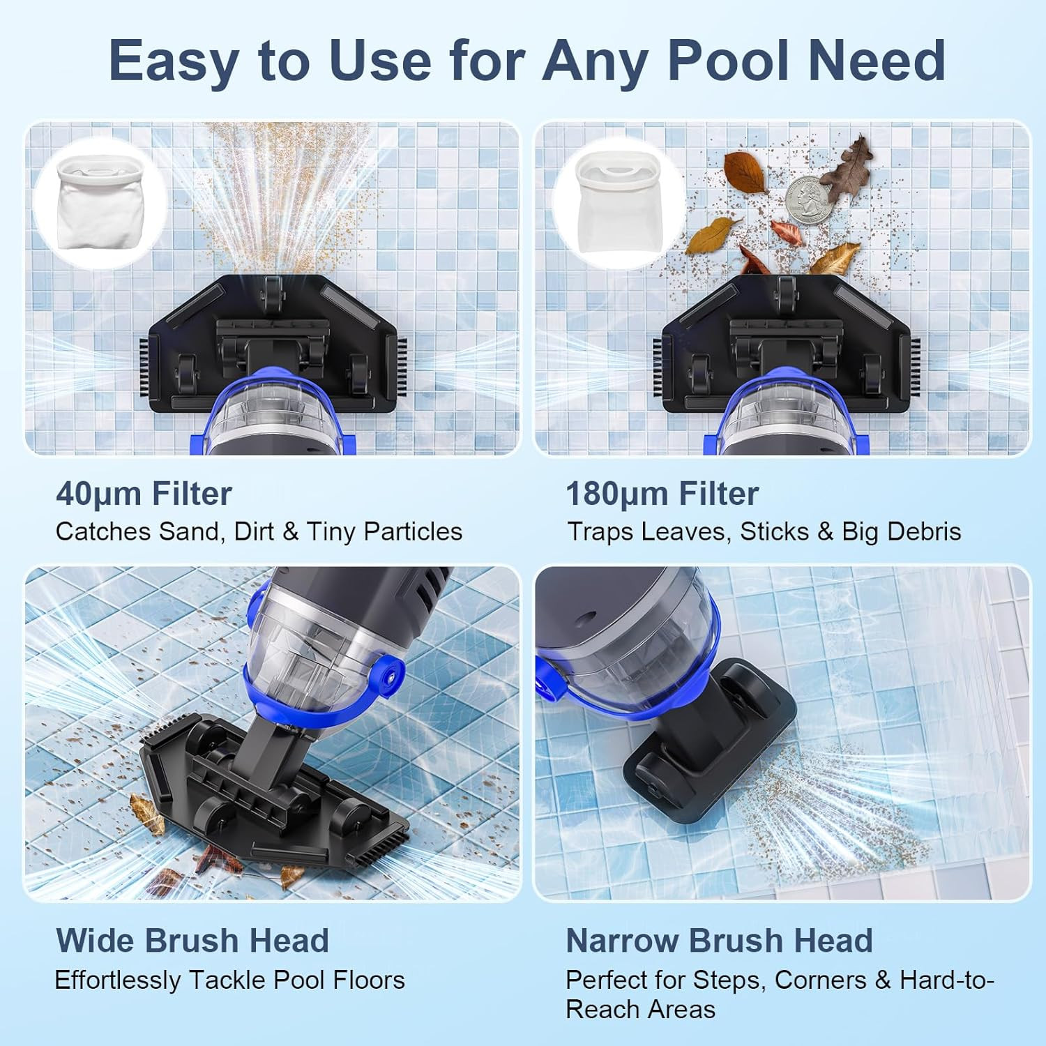 Upgraded Cordless Pool Vacuum with Telescopic Pole, 60 Min Powerful Suction & La