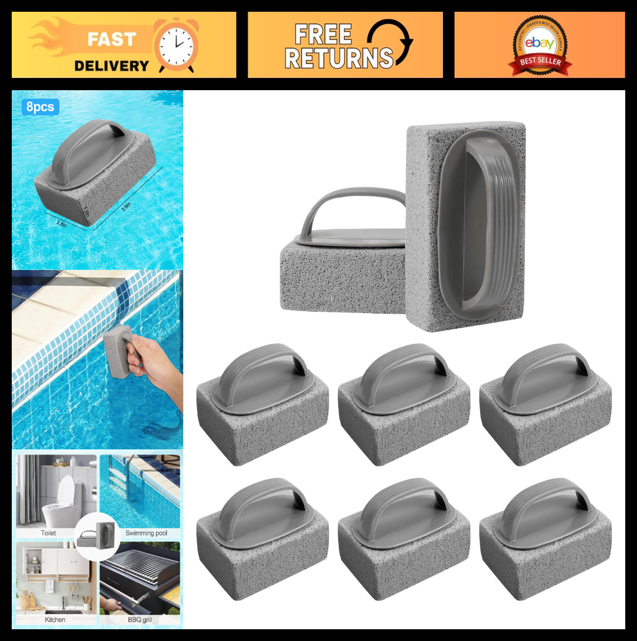 8 Pcs Pool Pumice Stones for Tile Cleaning, Stain Removal & Grout Scrubbing