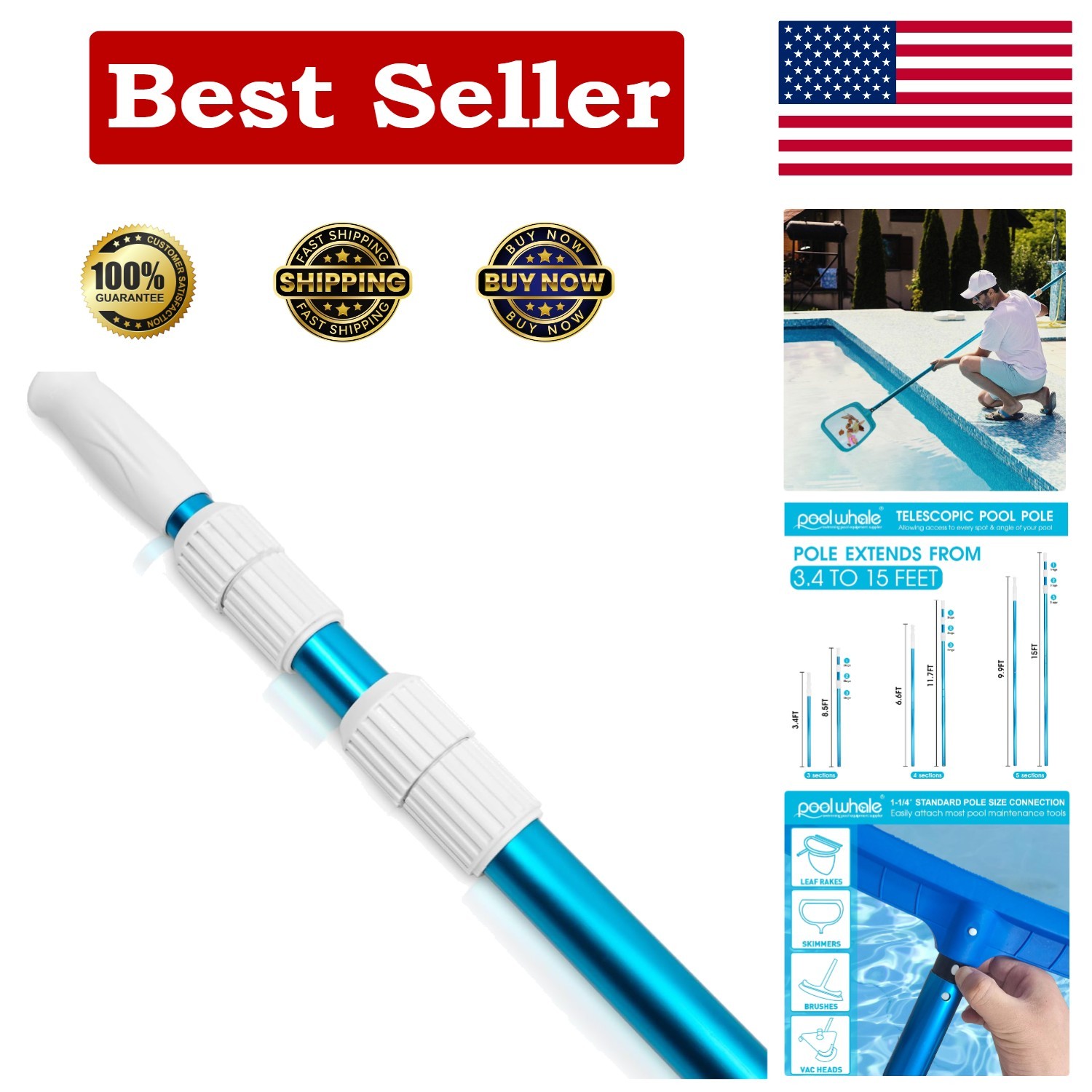 Adjustable 15ft Telescopic Pool Pole in Blue Aluminum – Heavy Duty & Versatile