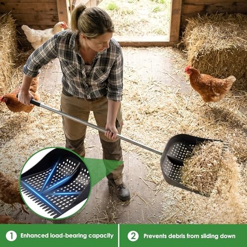 Heavy-Duty Yet Lightweight Chicken Poop Scooper & Rake 2-in-1, Adjustable Black