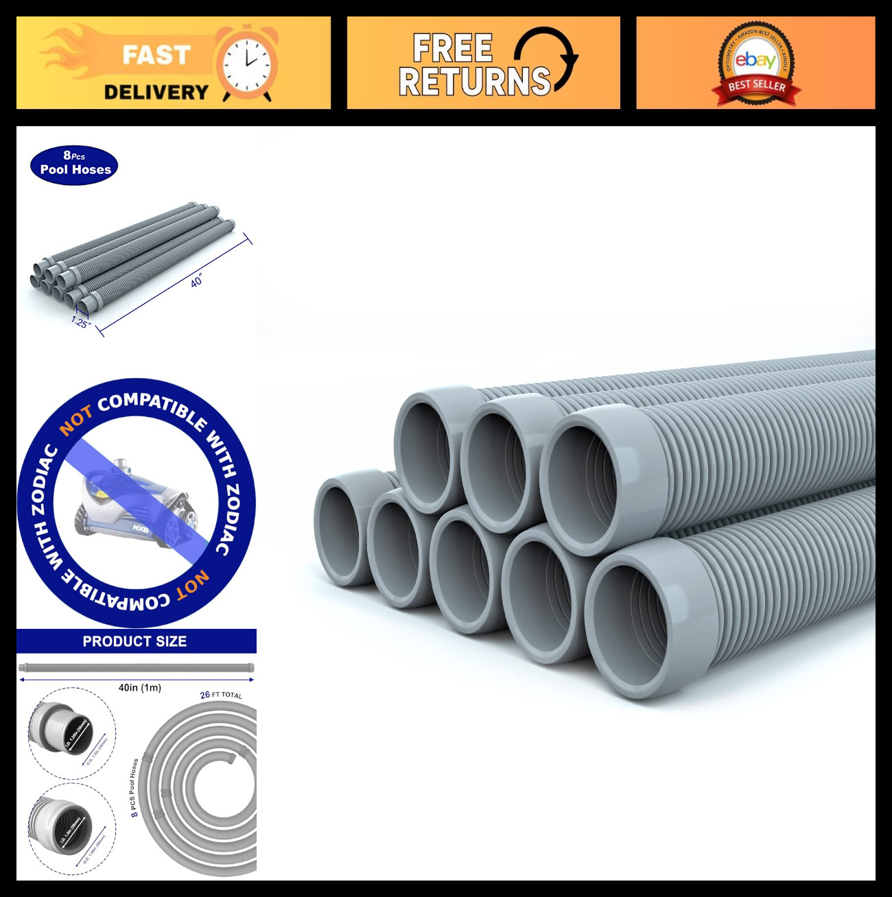 Professional Swimming Pool Vacuum Cleaner Hose – 1.5” 8-Piece Extension Kit
