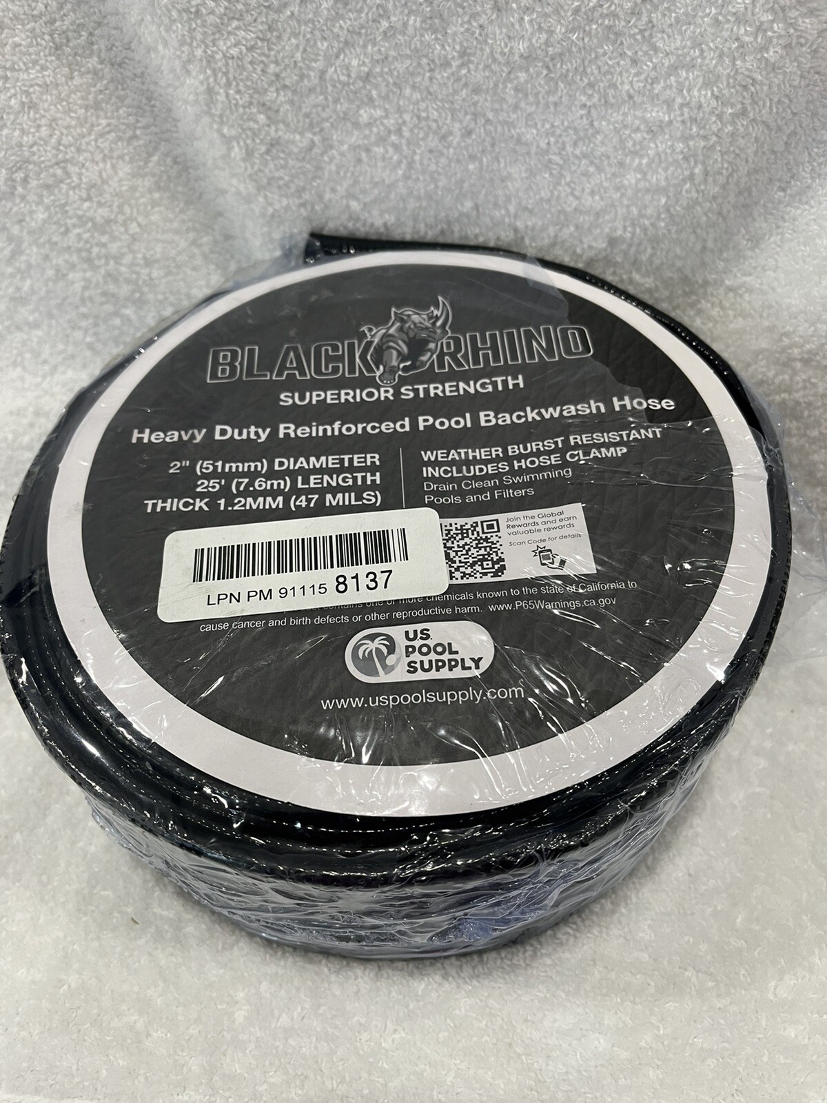Pool Backwash Hose Black Rhino 2”x 25’ Heavy Duty Reinforced w Clamp Brand New!