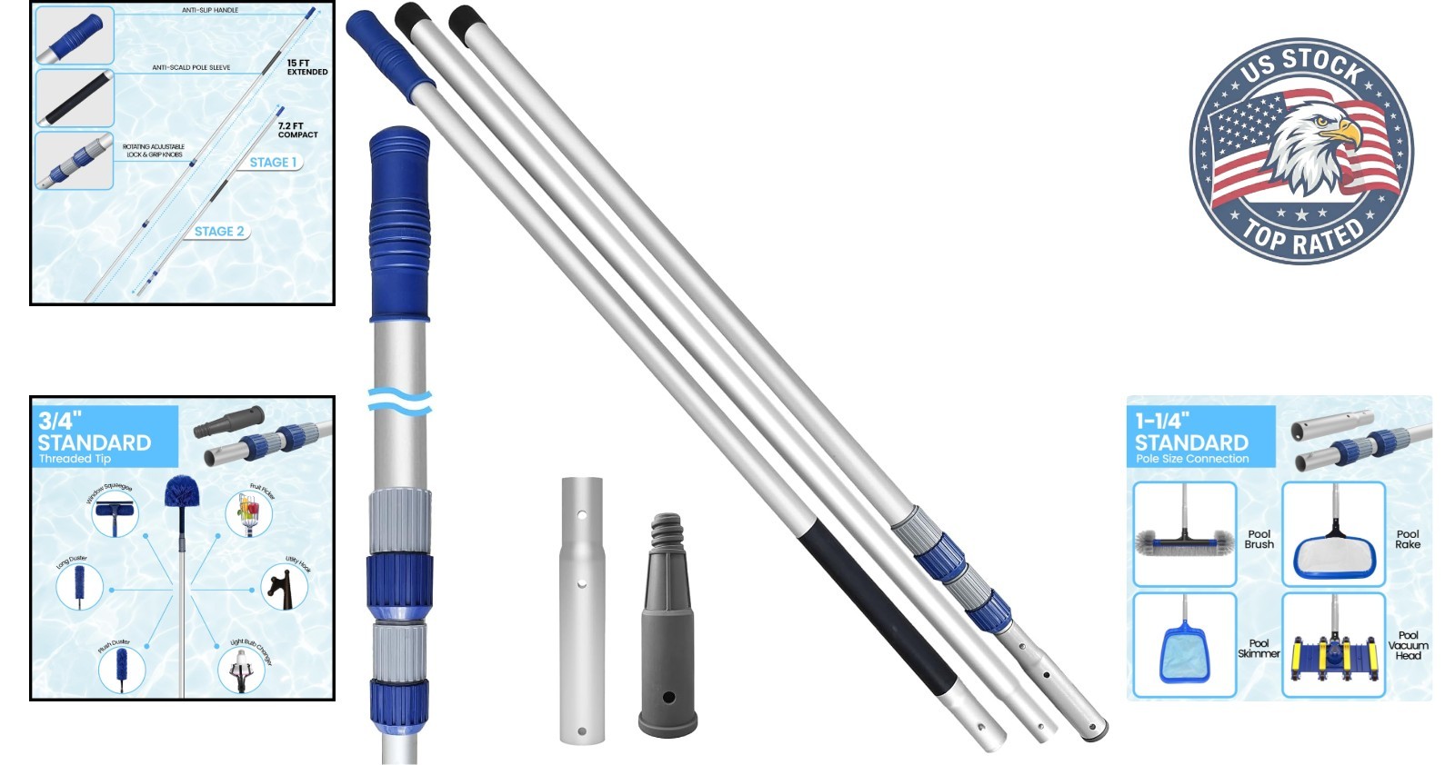 3-Piece 15FT Pool Pole – Durable Telescopic Design for All Cleaning Needs