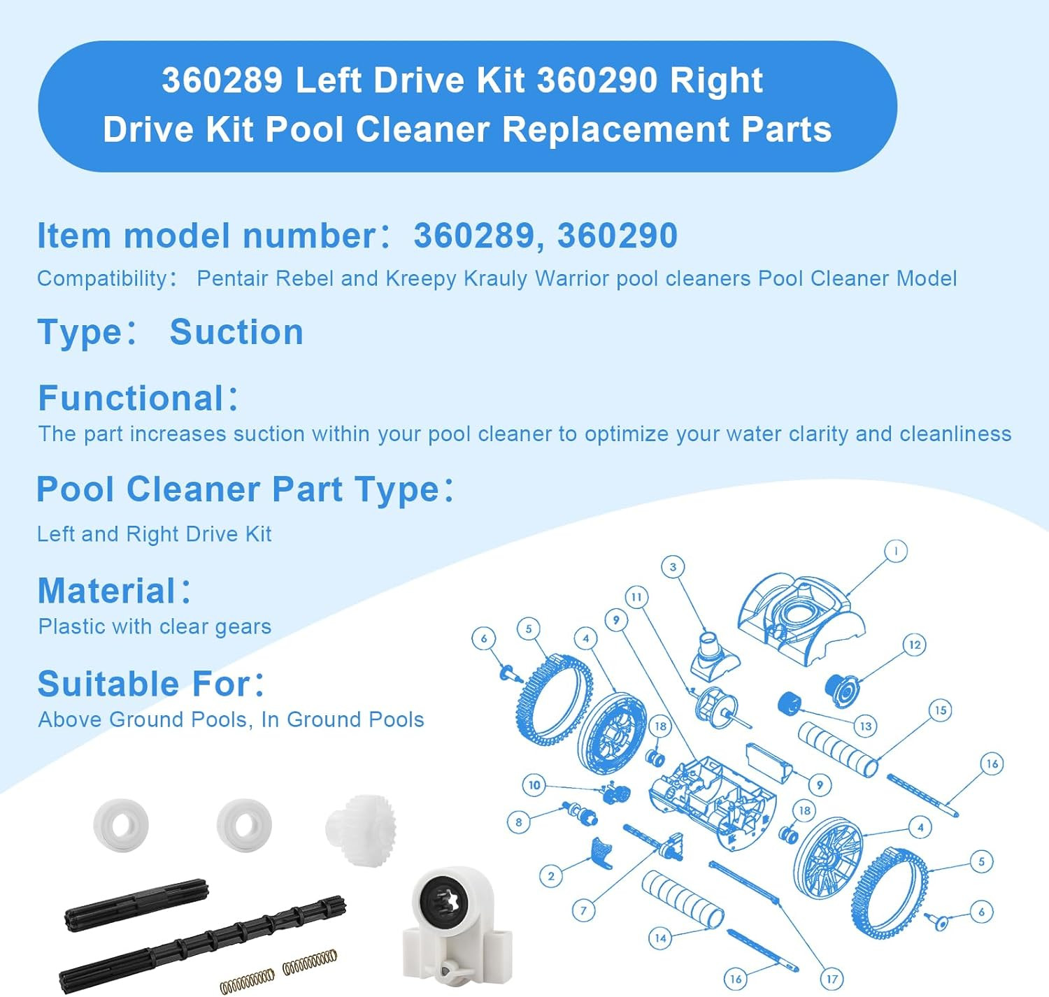 Pool Cleaner Bearings Tune Up Kit Replacement Parts,360289 Left Drive 360290 Rig