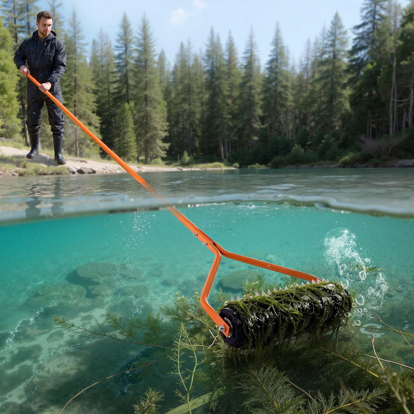 VEVOR Lake Weed Roller, 14.1 ft Stainless Steel & Pond Removal 14ft