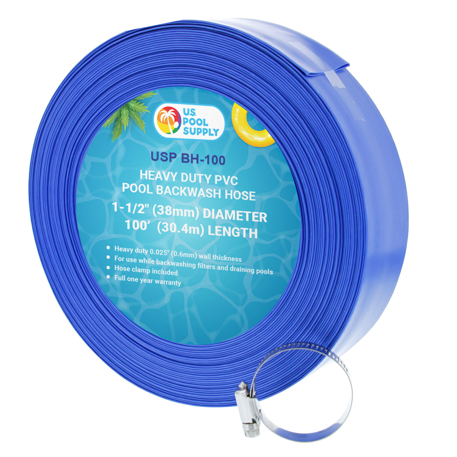 1-1/2&Prime; x 100&prime; Heavy Duty Blue Swimming Pool Backwash Hose & Clamp, Discharge