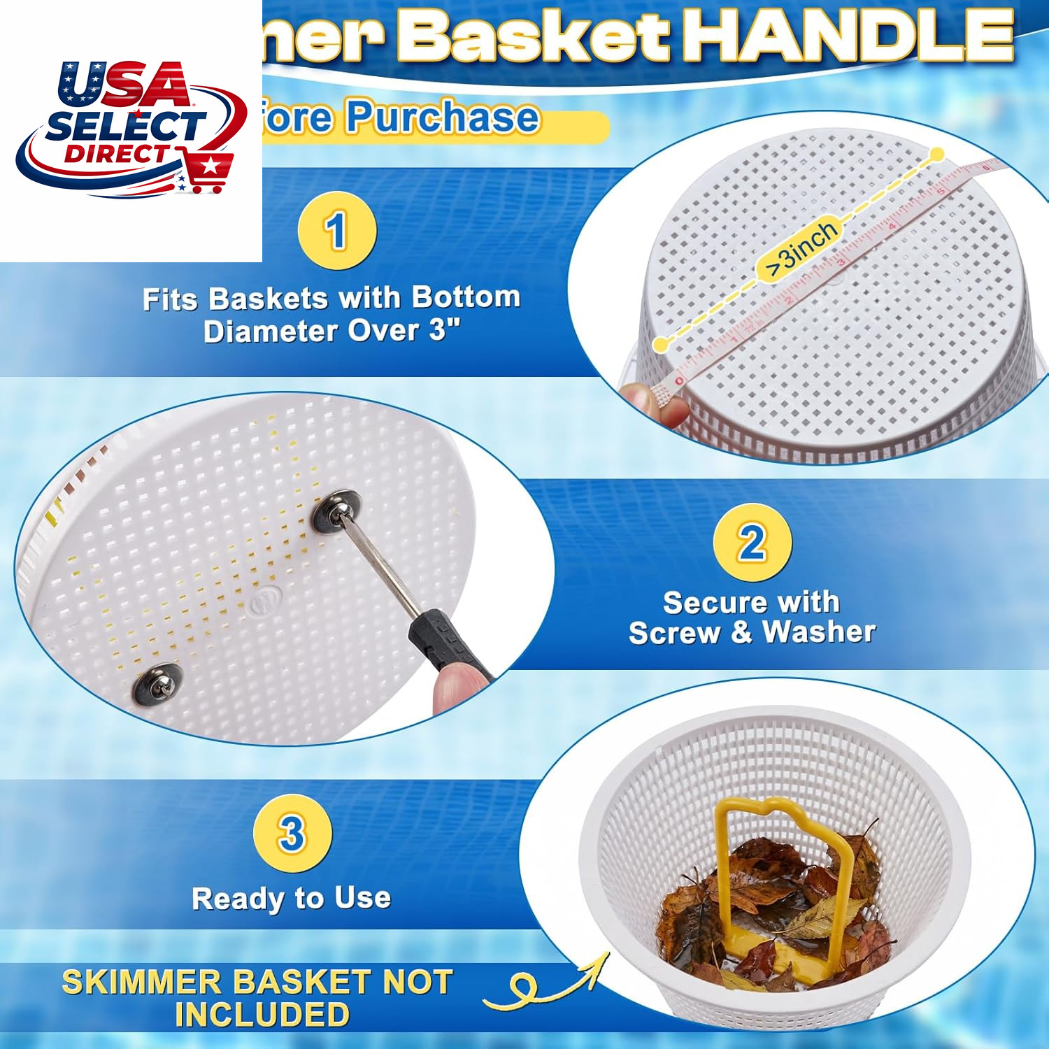 50In 2-In-1 Pool Skimmer Tool with Stainless Steel Hook & Fine Mesh Net