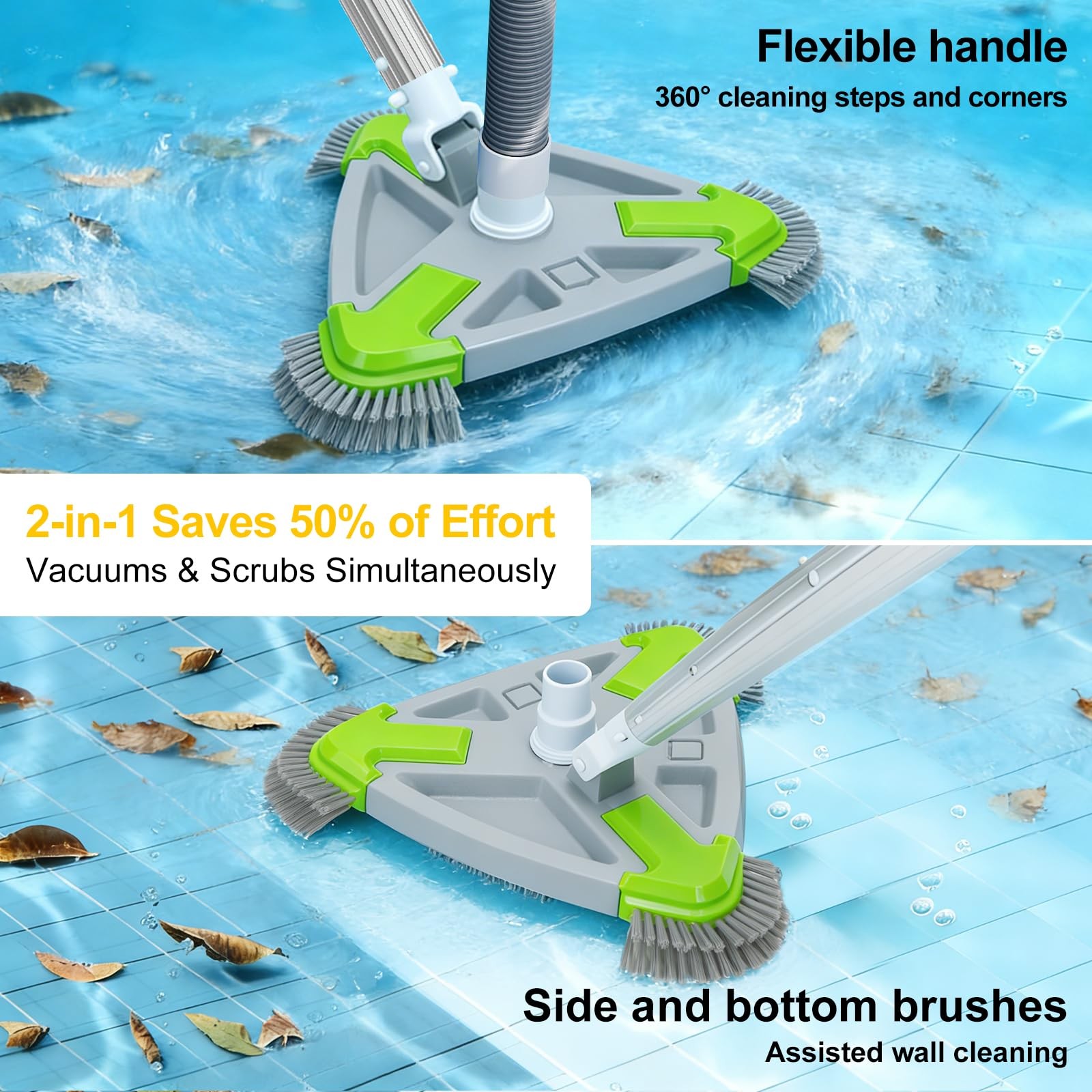 Weighted Triangular Pool Vacuum Head with Side Brushes, 13.5&Prime; Manual Pool Cle…