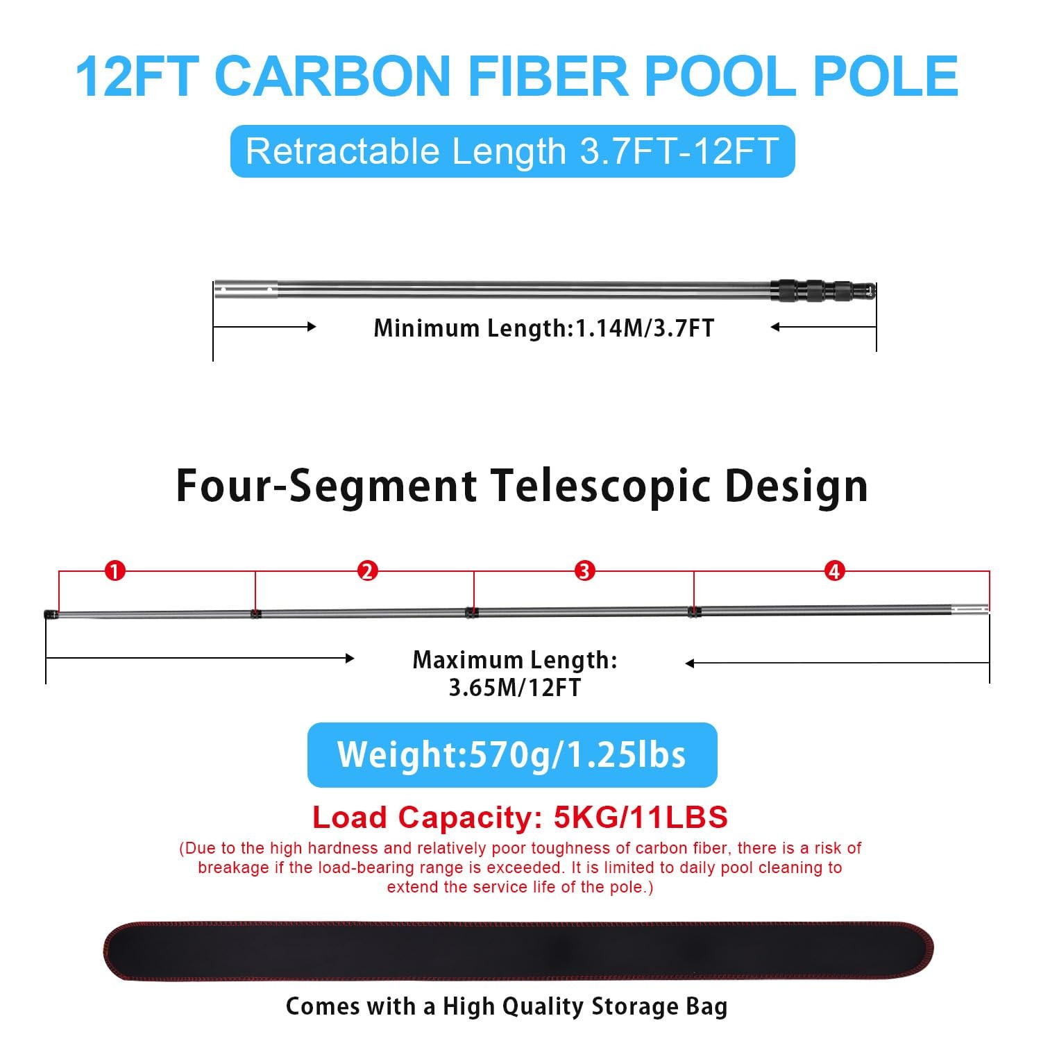 DOBEN Carbon Fiber Pool Pole, 12 Foot Telescoping Swimming 12 FT, Matte