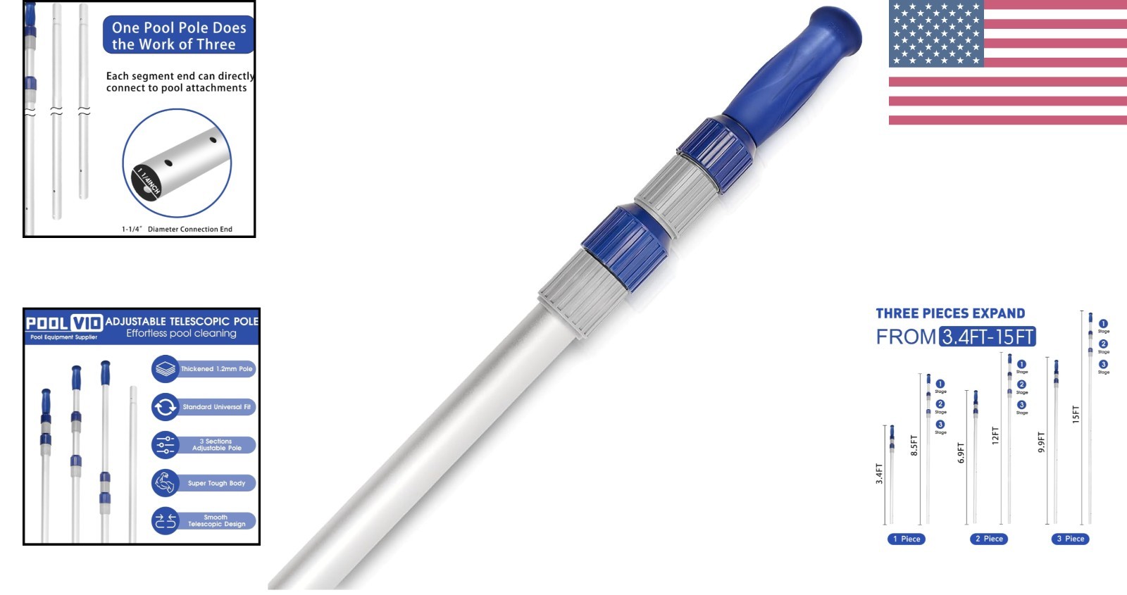 Universal Fit 15 FT Telescopic Pool Pole – Compact & Durable for Maintenance