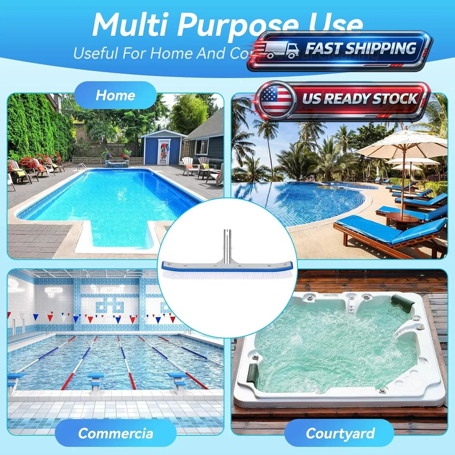 17&Prime; Pool Brush Head for Cleaning Swimming Pool Walls, Curved Ends HighEfficie…