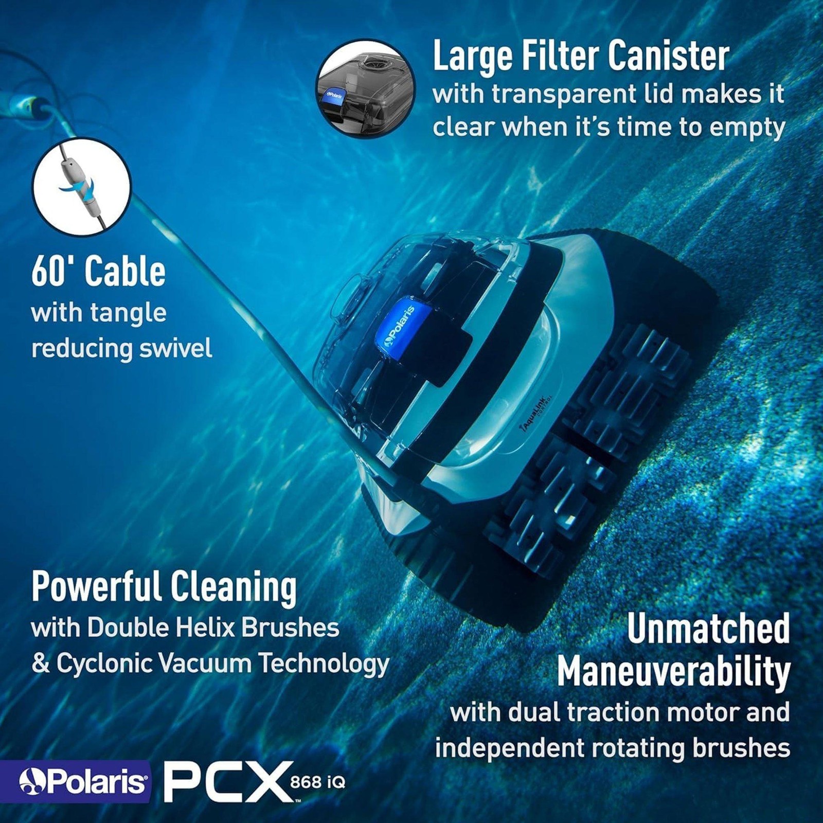 The Polaris PCX 868 iQ Robotic Pool Cleaner With iAquaLink app control and Caddy