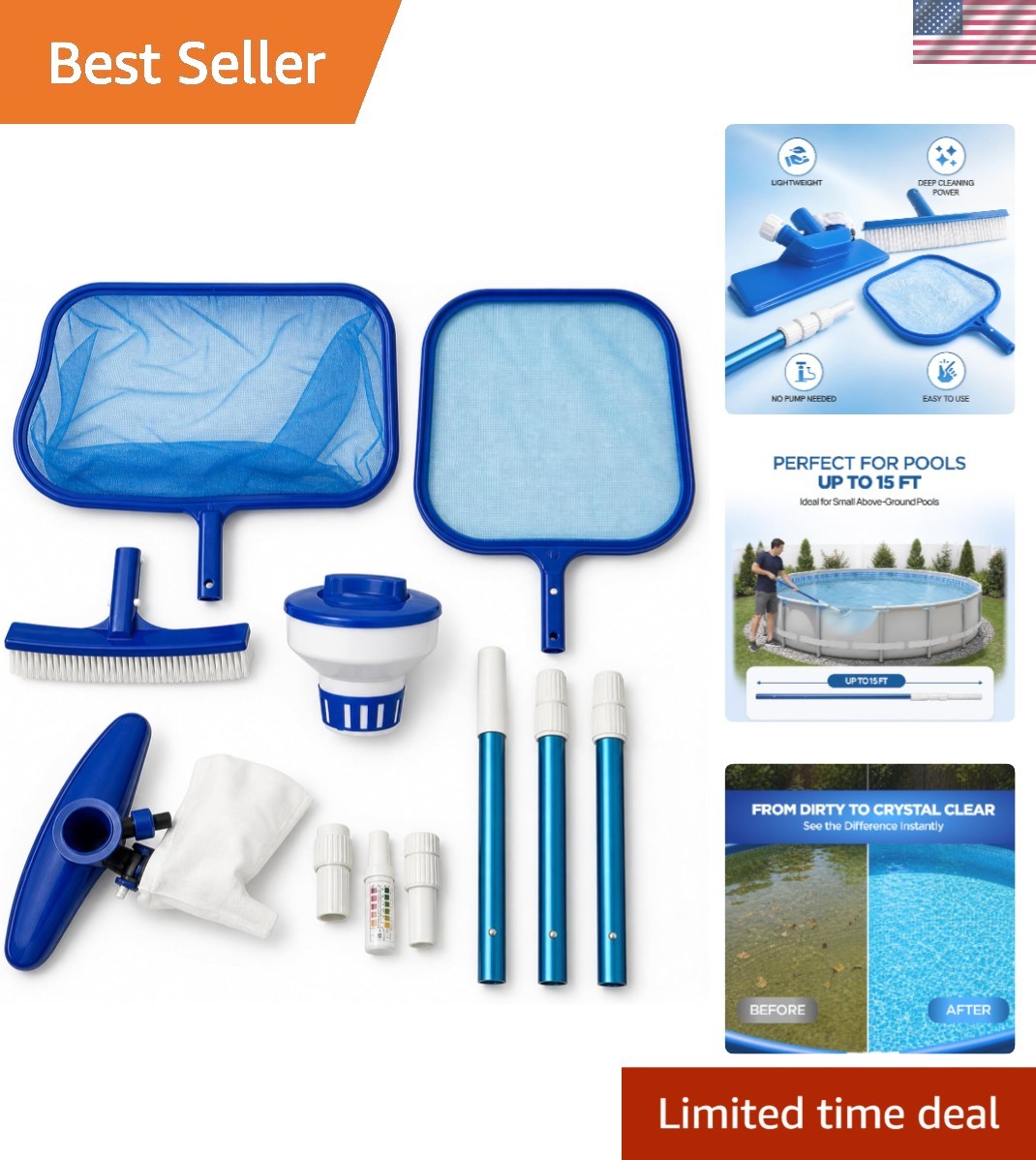 Above Ground Pool Maintenance Kit – Telescoping Pole, Leaf Skimmer Net, Vacuu…