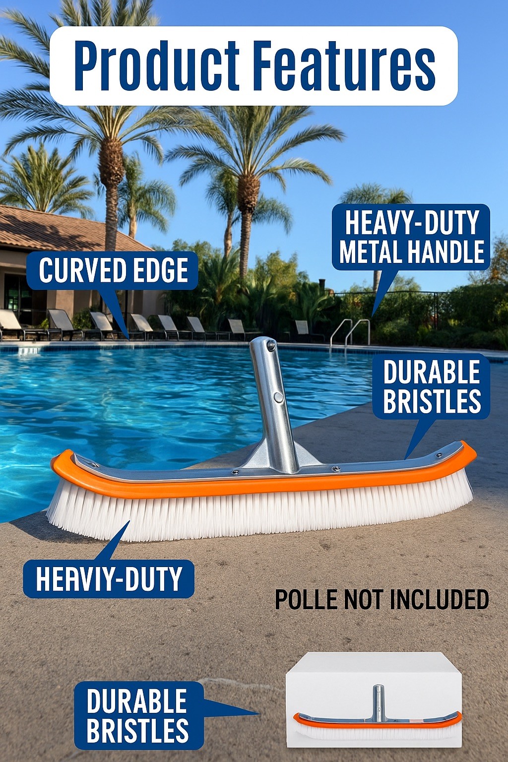 Heavy-Duty Pool Brush 18” | Premium Curved Design + Bonus Gift Included