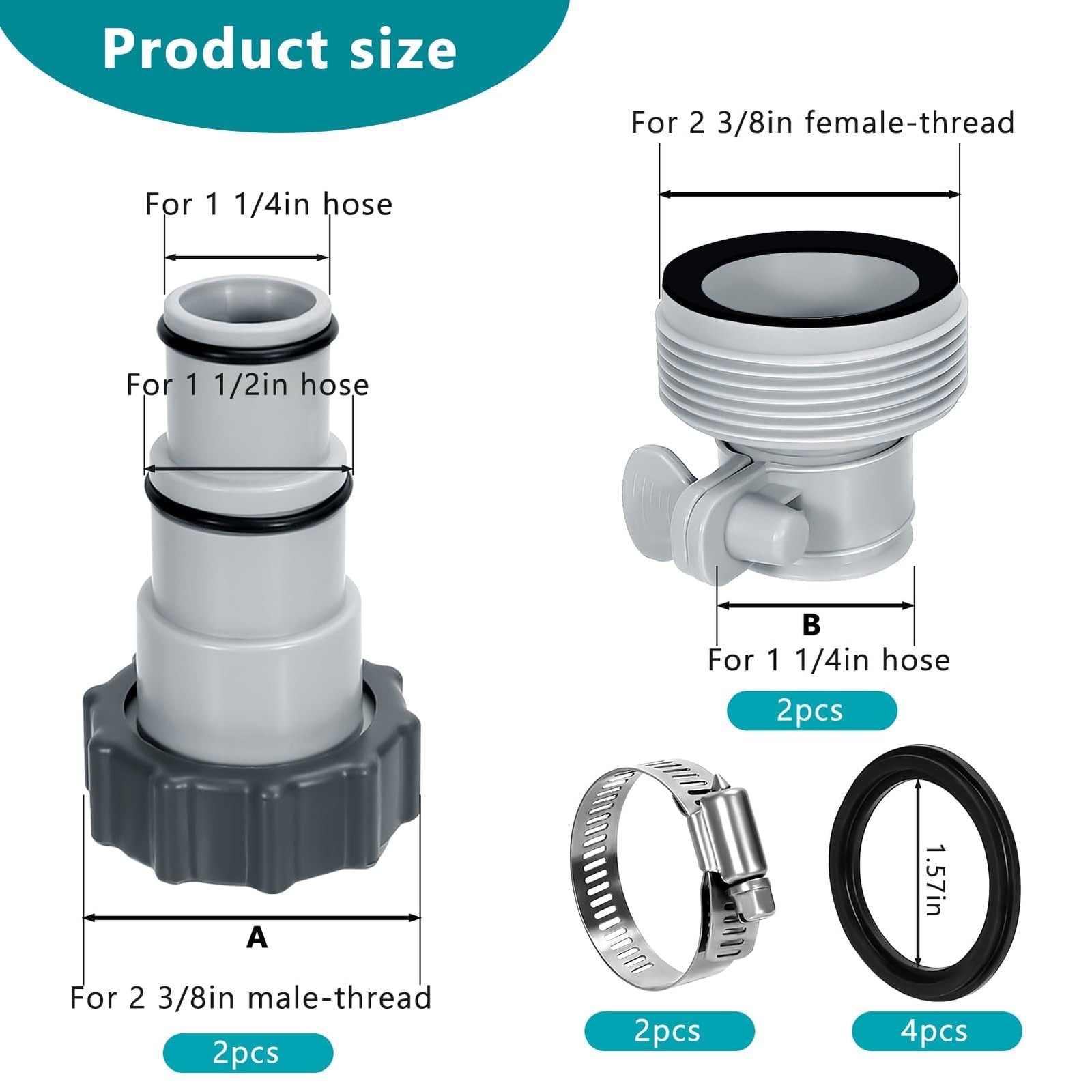 Pool Hose Adapter Type A & B for 1.25 and 1.5 Inch 2 3/8 inches, Grey, Black