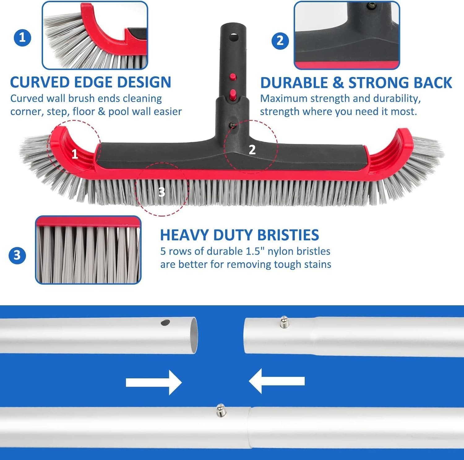 Swimming Pool Brush with Pole 17.5&Prime; Wall Brush w/ 10FT Adjustable Aluminum Pole