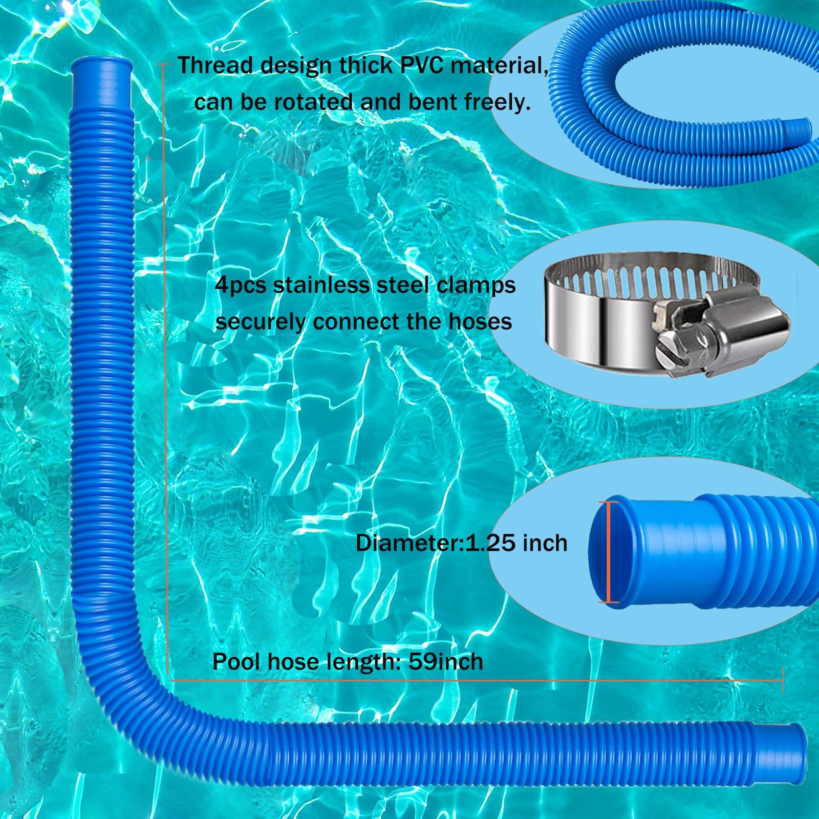 Hxxyilok Pool Hose Replacement, 1.25 x 59 inch, Blue, Durable PVC