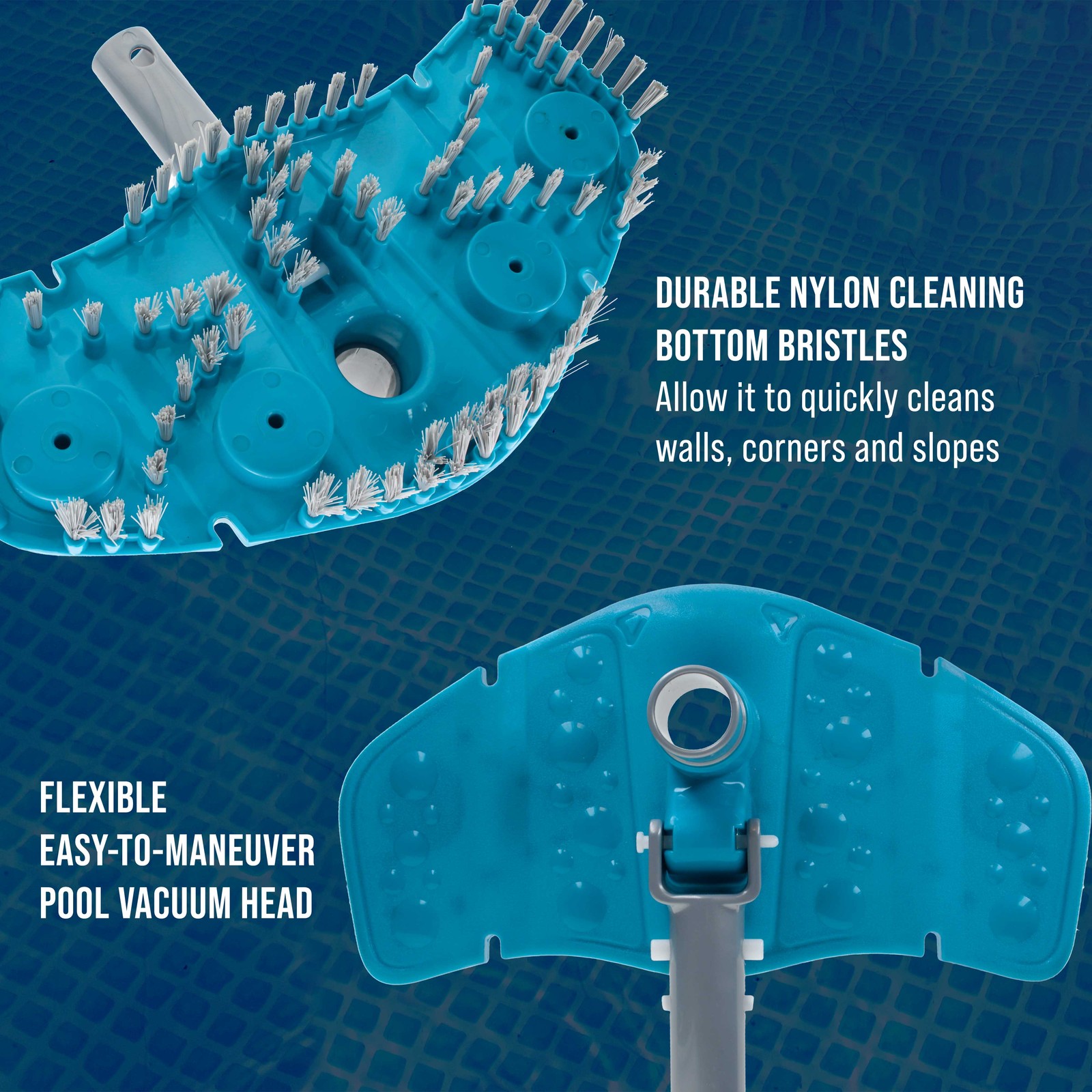 Very Flexible Weighted Pool Vacuum Head with Bottom Brushes, Clean Swimming Pool