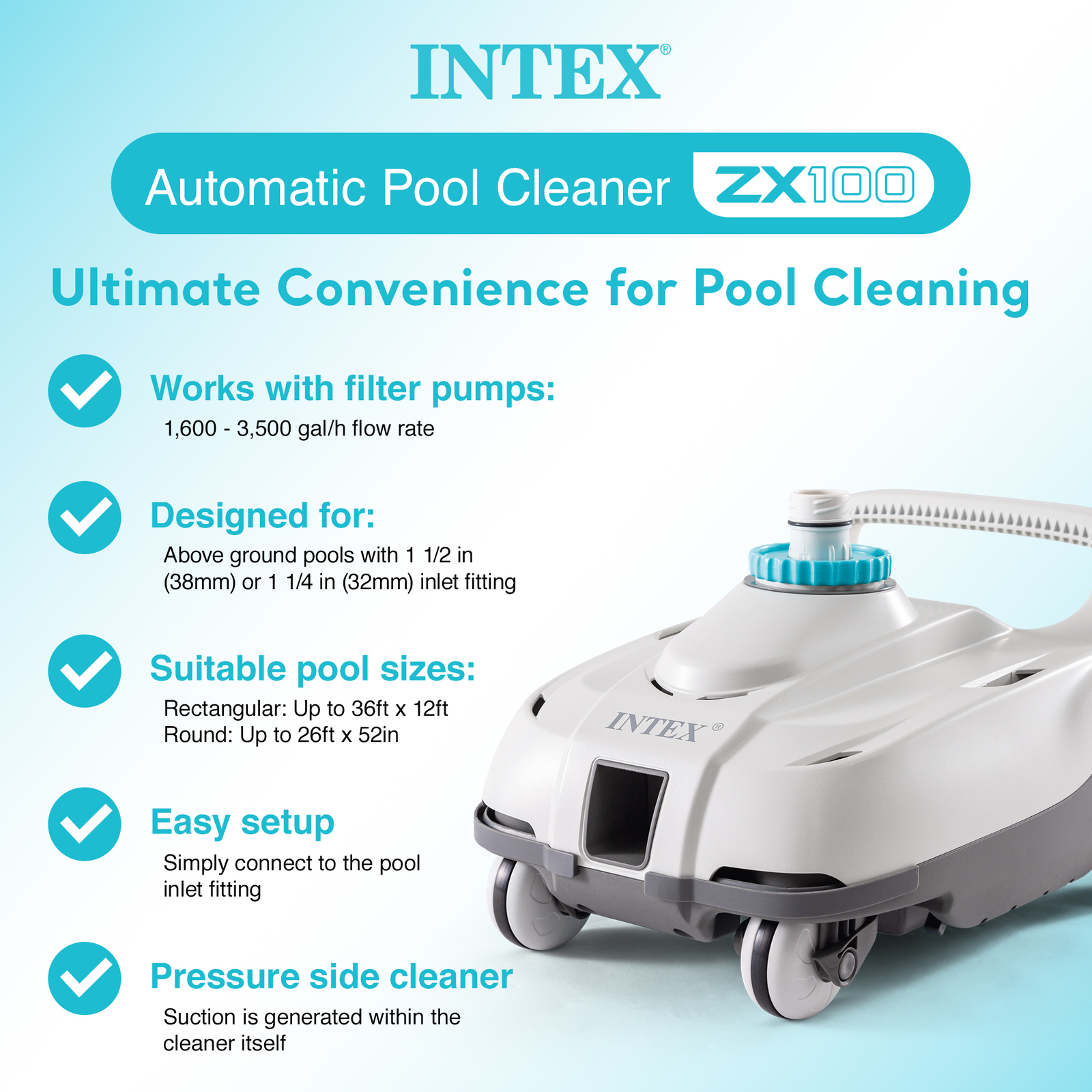 Intex Automatic Pressure Side Swimming Pool Cleaner w/Hose & Converter(Open Box)