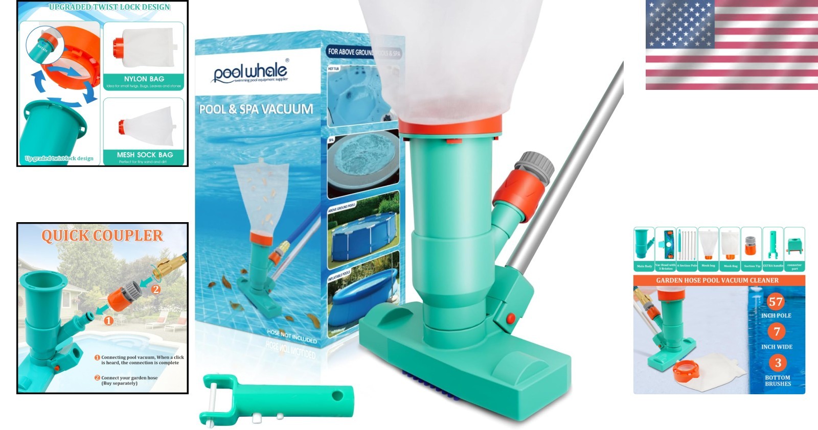 Jet Pool Vacuum Cleaner – 56.5&Prime; Telescopic with 3 Brushes & Bags