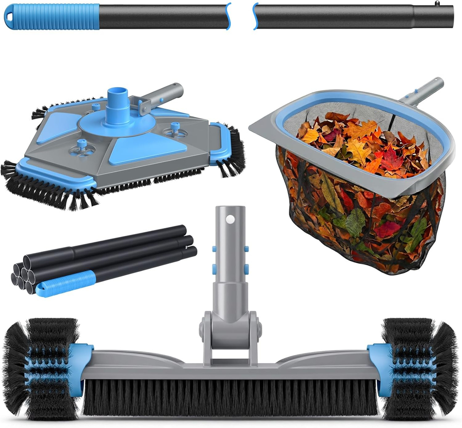 Pool Cleaning Kit with Vacuum Head Brush Skimmer Net and Extendable Aluminum