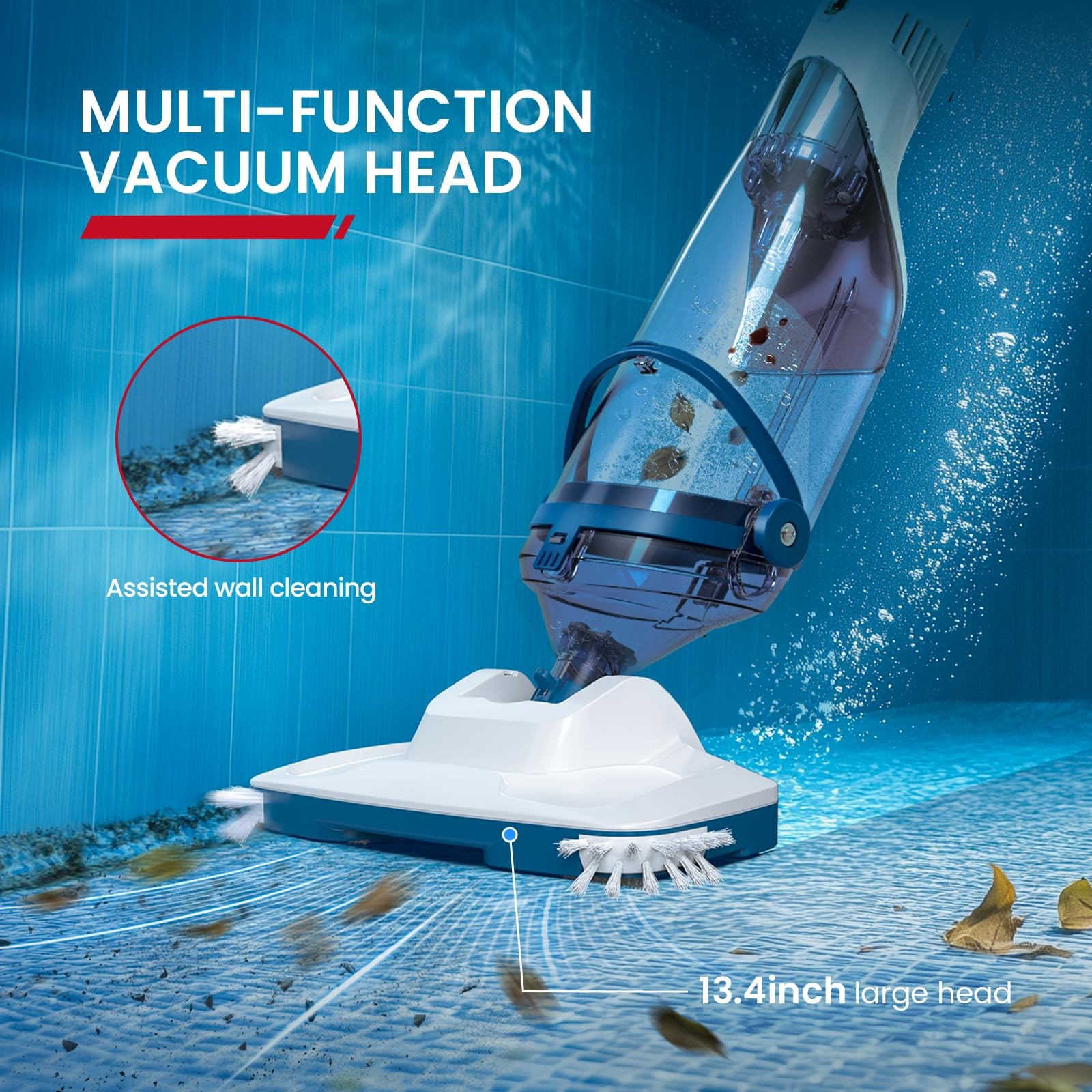 Pool Vacuum 13.4&Prime; Wide Head Cordless 18.5 GPM 60 Min Blue Above Ground Inground