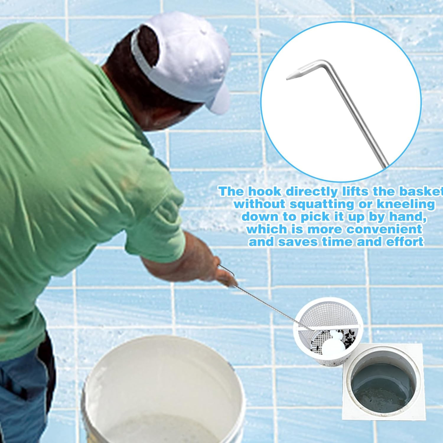 Pool Skimmer Basket Hook Tool Stainless Steel Handle for Safe Pool Cleaning D…