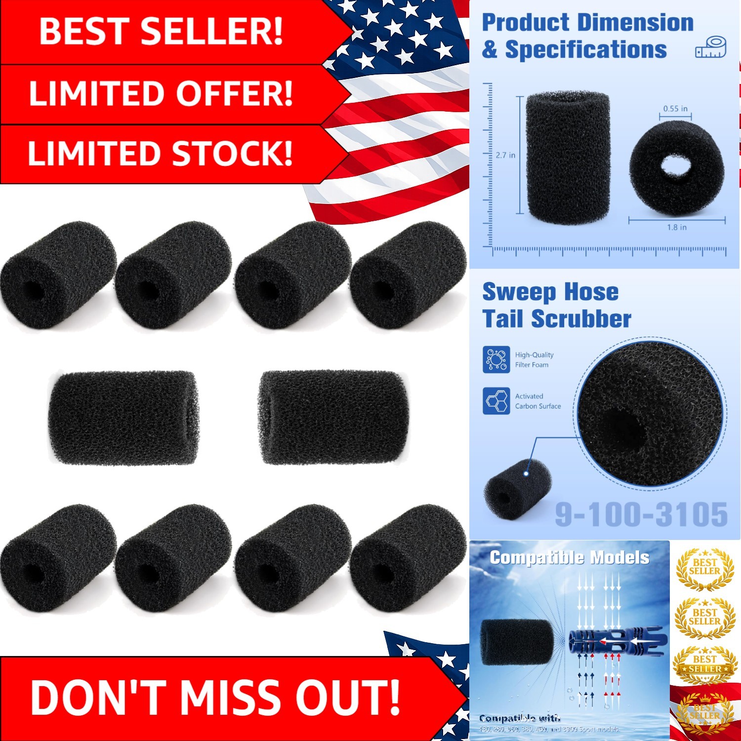 High-Quality Foam Sweep Hose Scrubber Tails for Polaris Pool Cleaners – 10 Pack