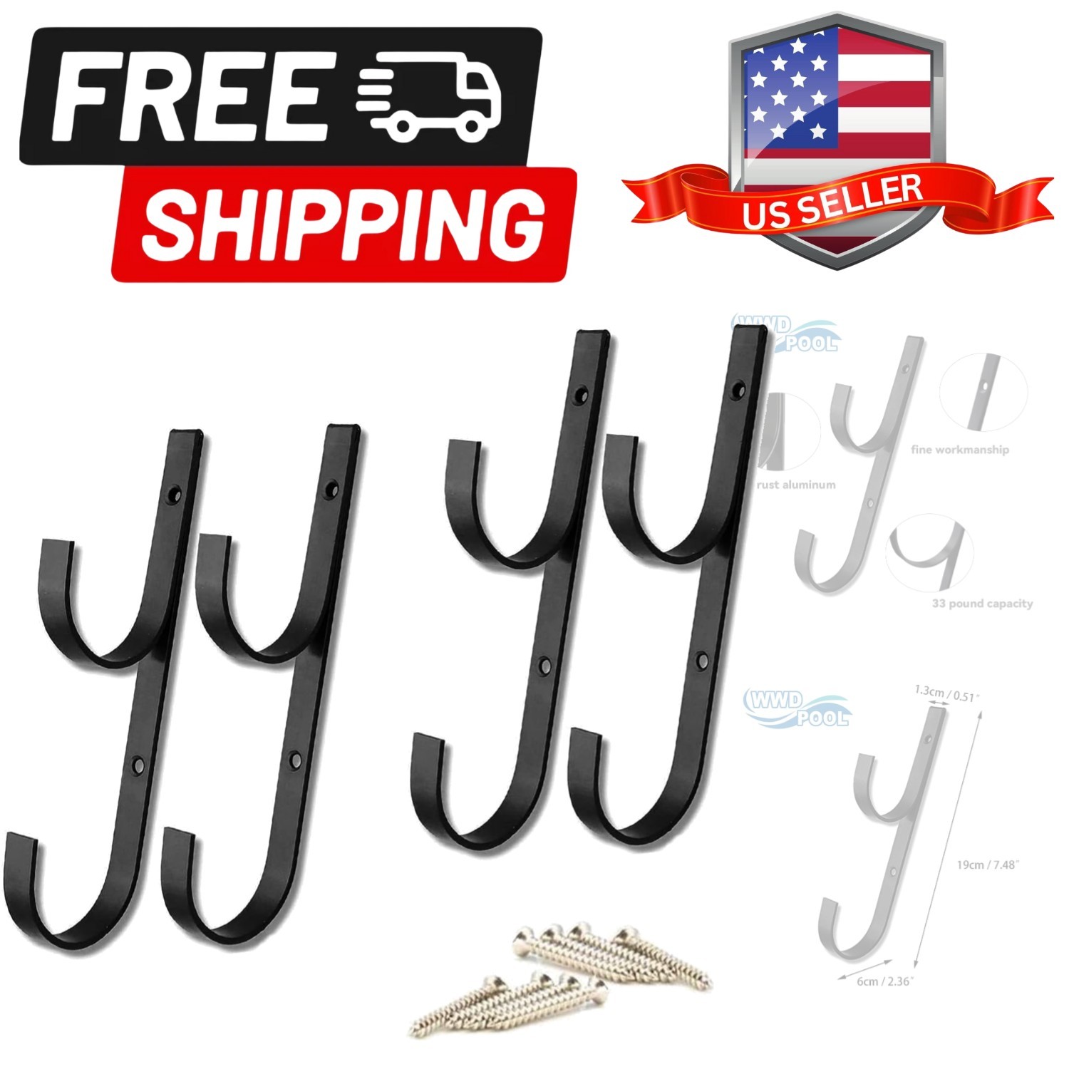 Swimming Pool Aluminum Pole Hanger Set, Black, 2-Pack 4 Hooks, for Telescopin…