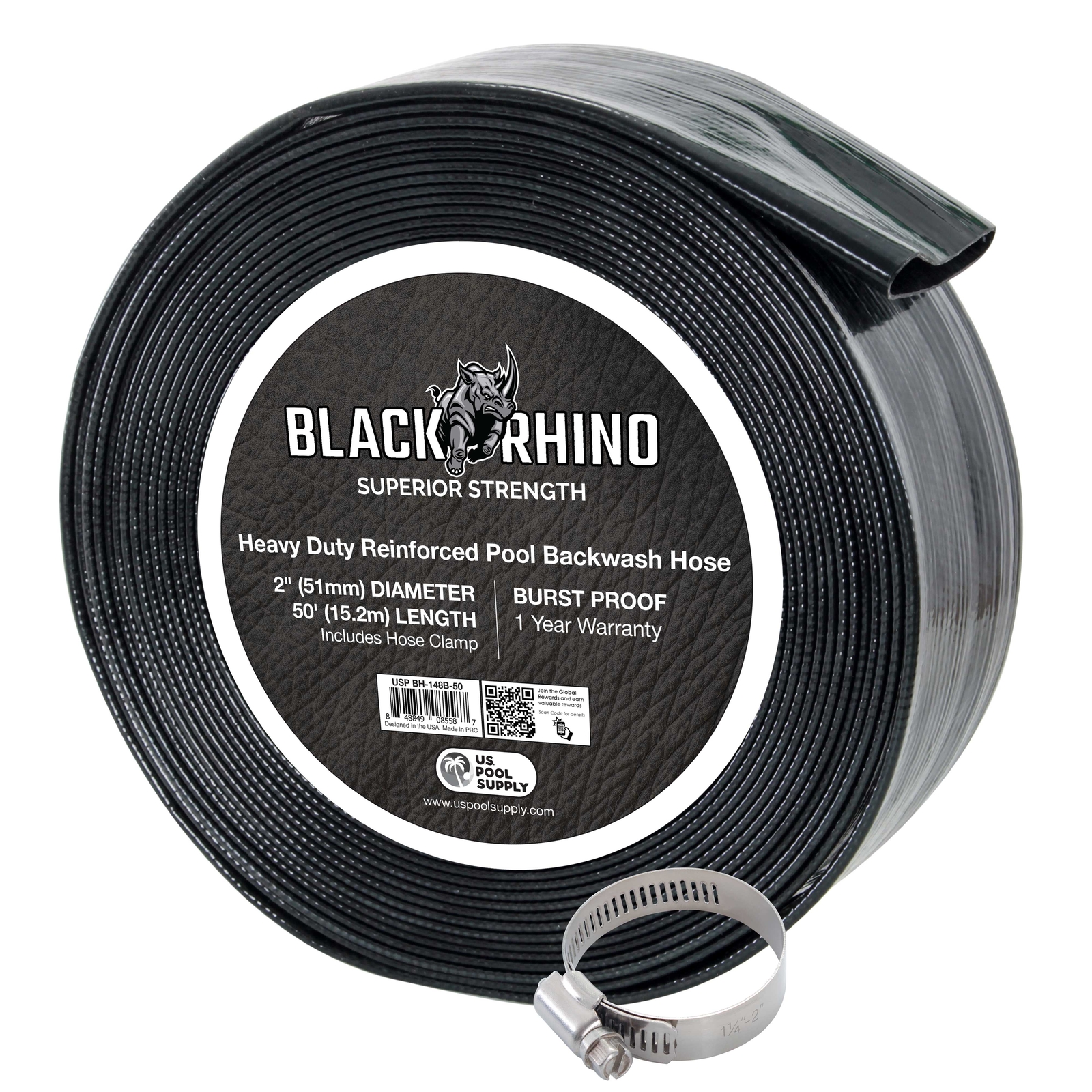U.S. Pool Supply Black Rhino 2&Prime; x 50&prime; Pool Backwash Hose with Hose Clamp