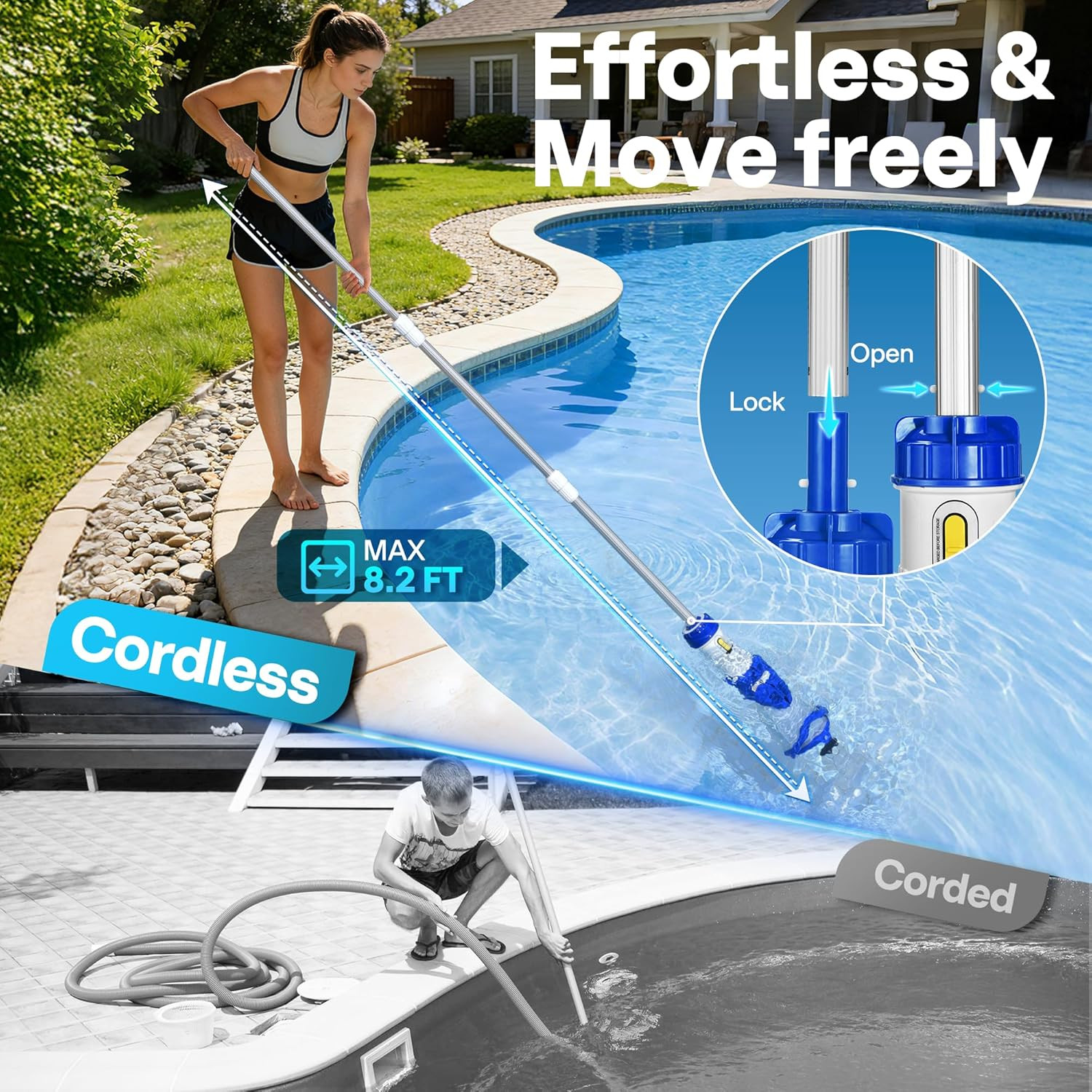 1140GPH Handheld Pool Vacuum Cordless Cleaner Powerful 40W Motor Suction Long-Ru
