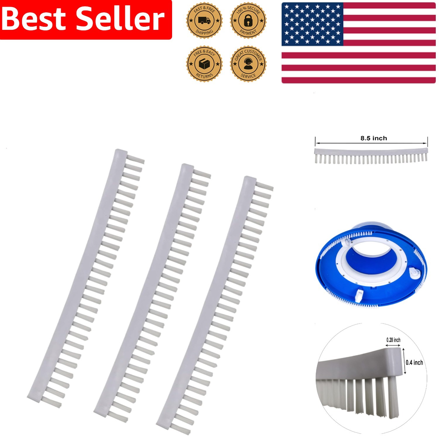 Pool Leaf Vacuum Brush Replacement Strips 3 Pack 8.5