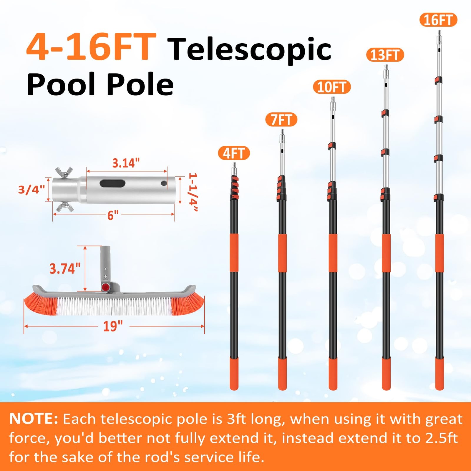 16FT Pool Brush with Pole, 18&Prime; Heavy Duty Swimming Pool Brush with 4-16FT Alumin