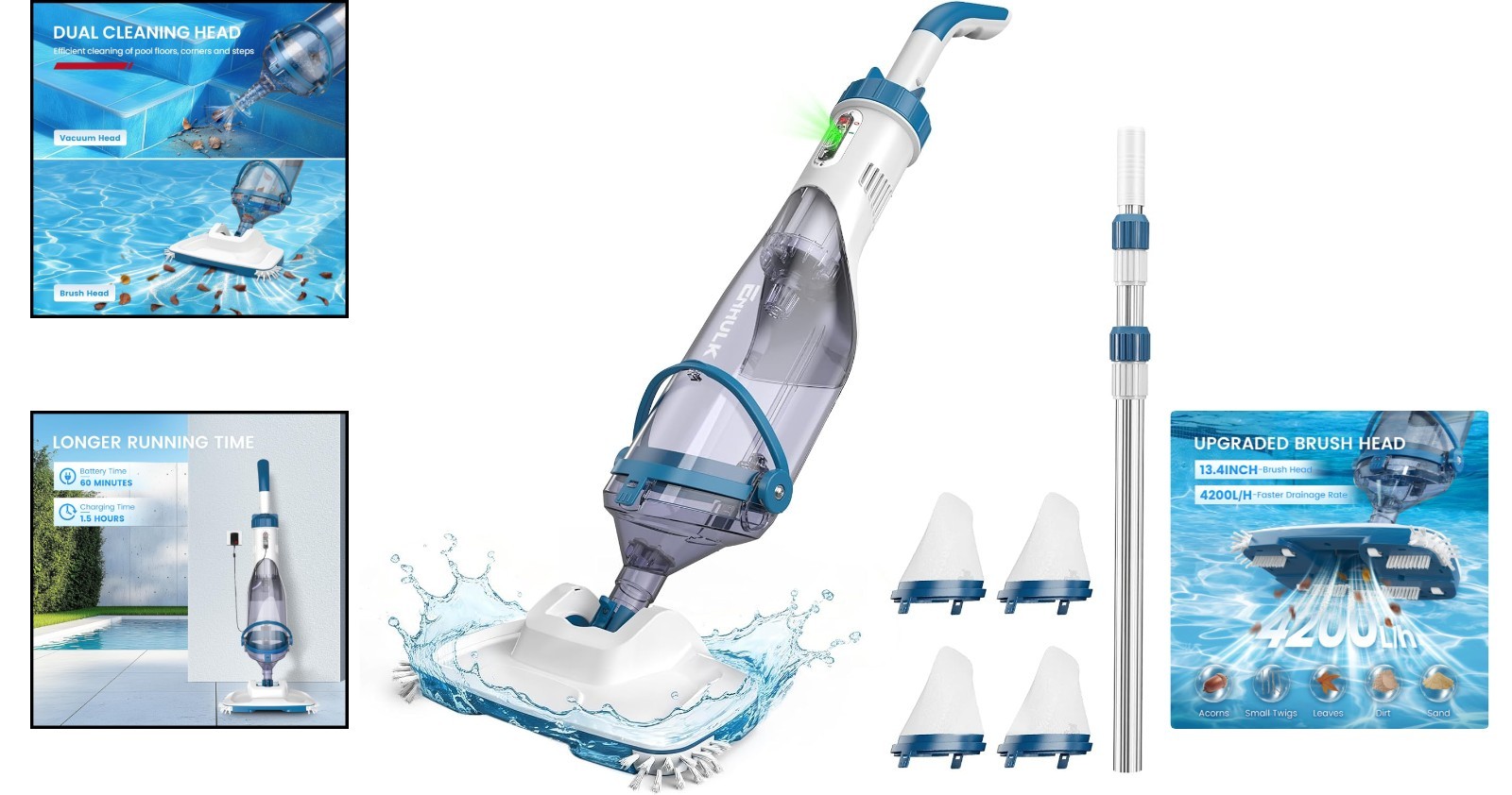 PC15 Cordless Pool Vacuum: 13.4&Prime; Head & 87.5&Prime; Telescopic for Fast Cleaning