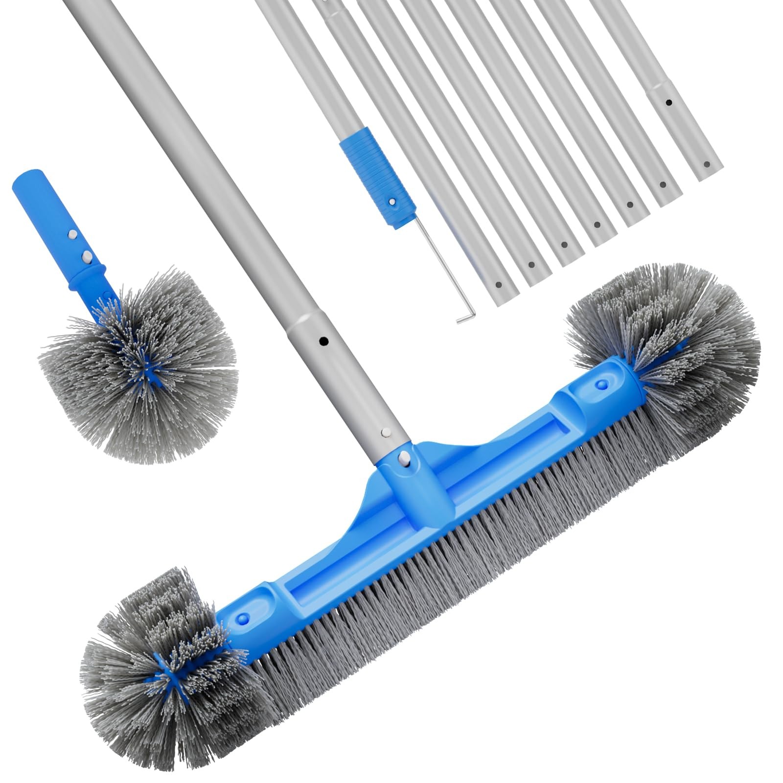 20 Inch Pool Brush Set 2in1 Detachable Aluminum 9FT Pole Corner Cleaner