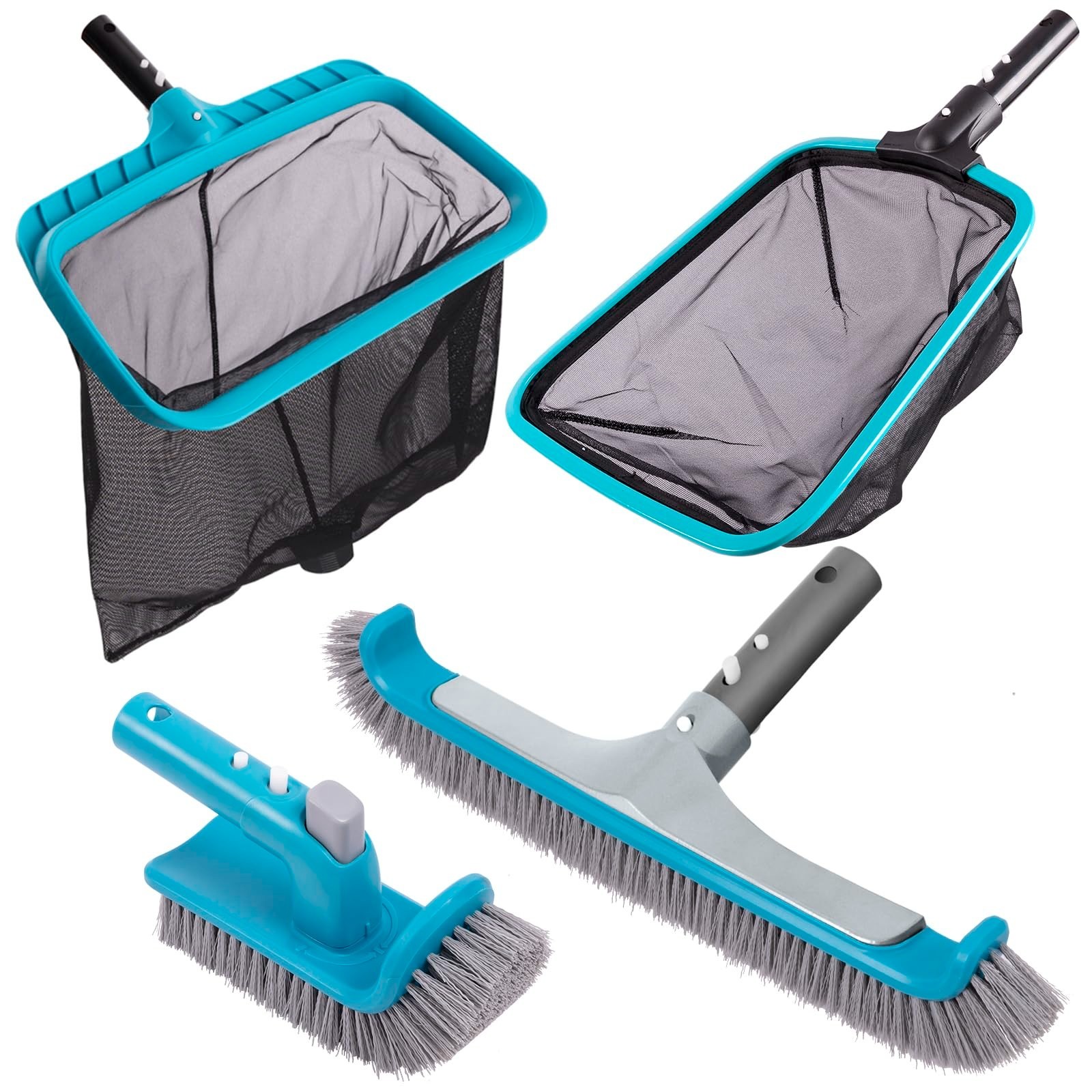 4-Piece Pool Cleaning Kit – Curved Wall Brush, Hand Scrubber, Leaf Rake & Skimme