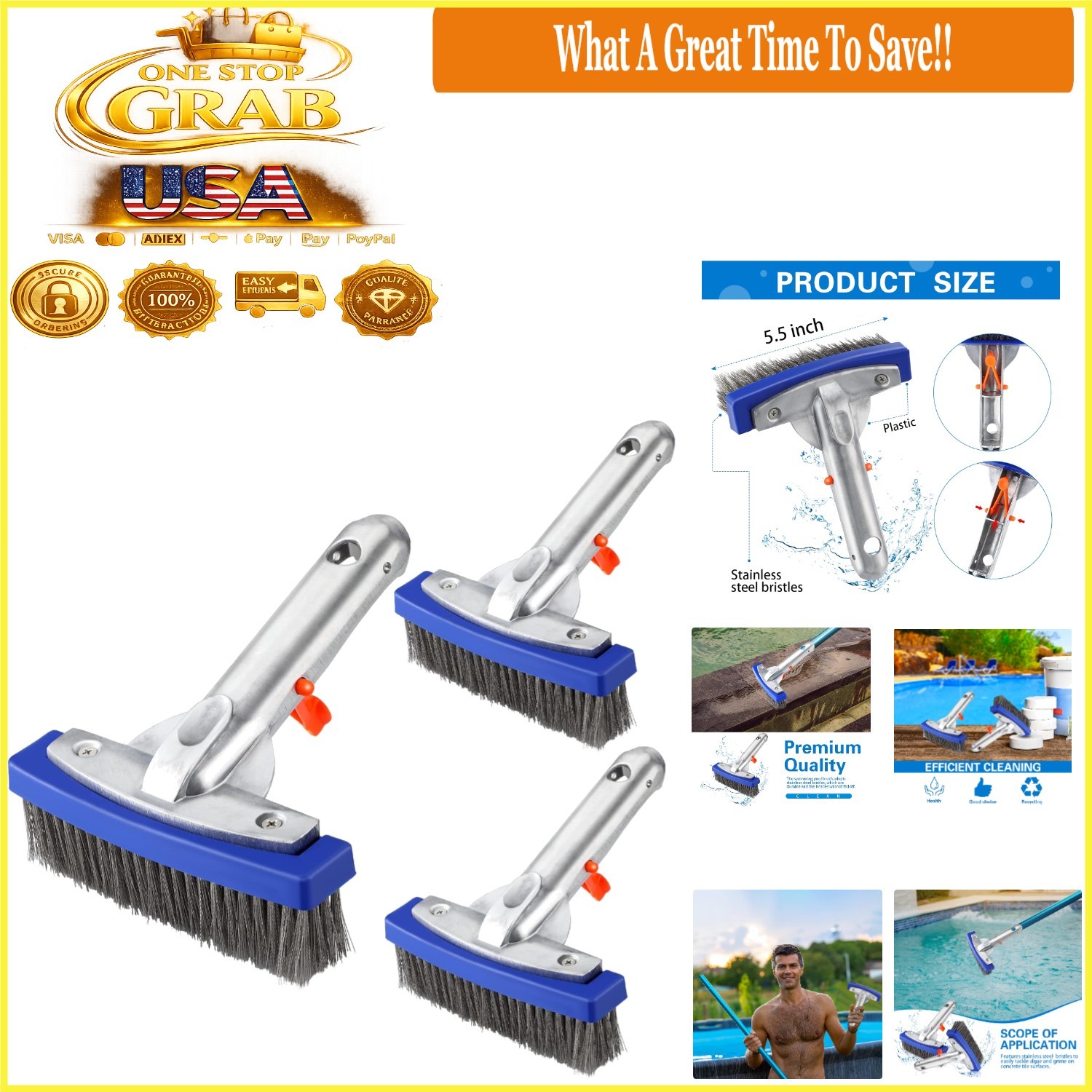 3 Pcs 5.5-Inch Stainless Steel Pool Brush Heavy Duty Algae Cleaner with Alumi…