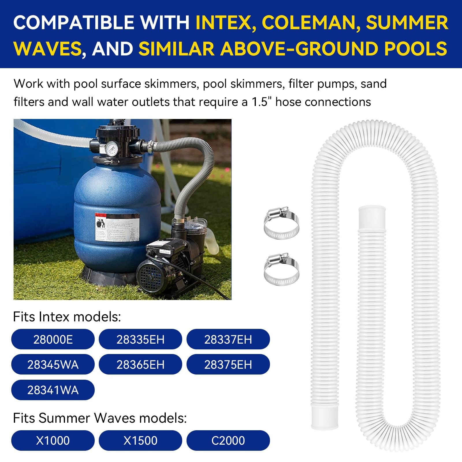 Alocs Pool Hoses For Above Ground Pools 1.5 Diameter X 59 Long 2 Pack 1.5 Inch