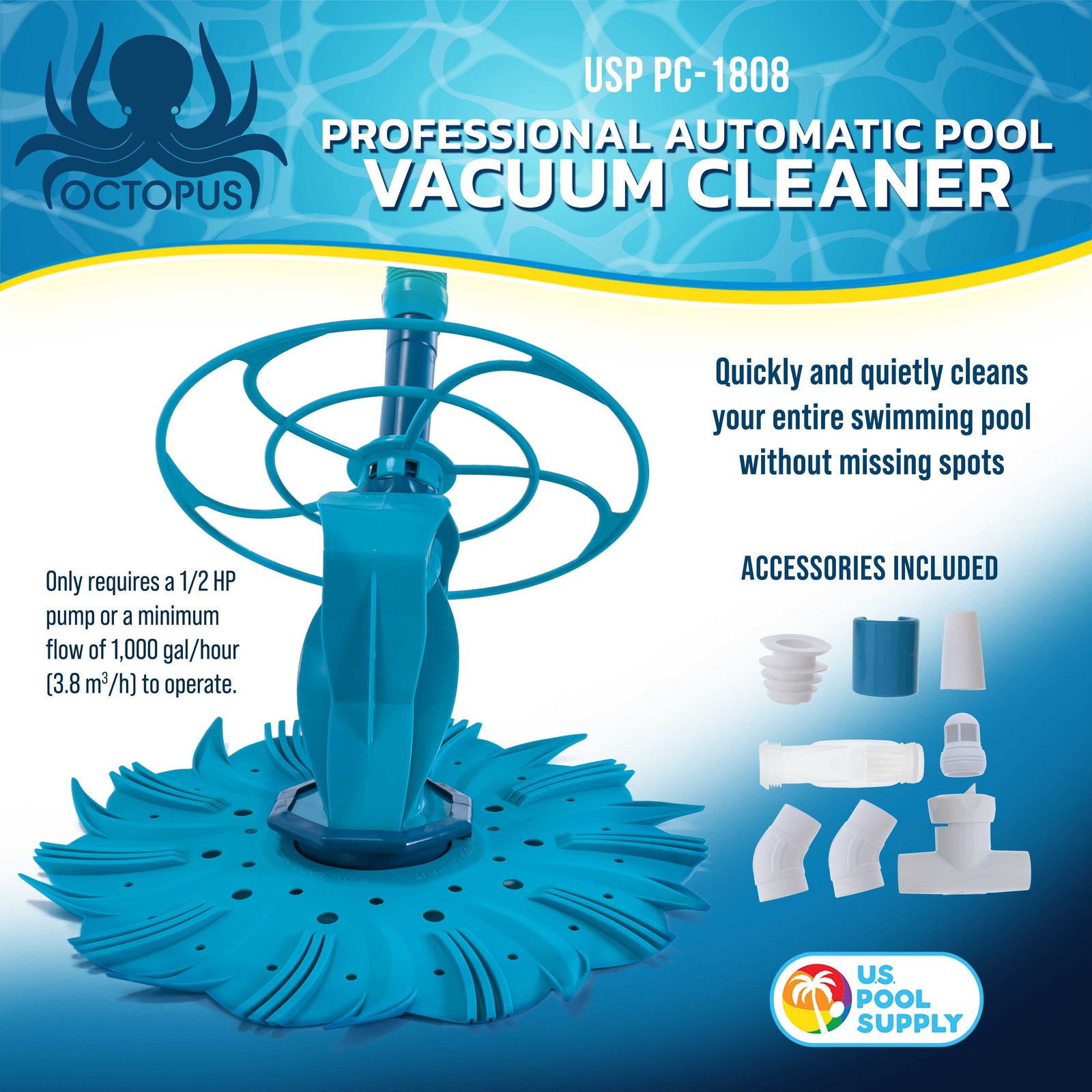 Octopus Automatic Pool Vacuum Cleaner, Hose Set, Powerful Suction Removes Debris