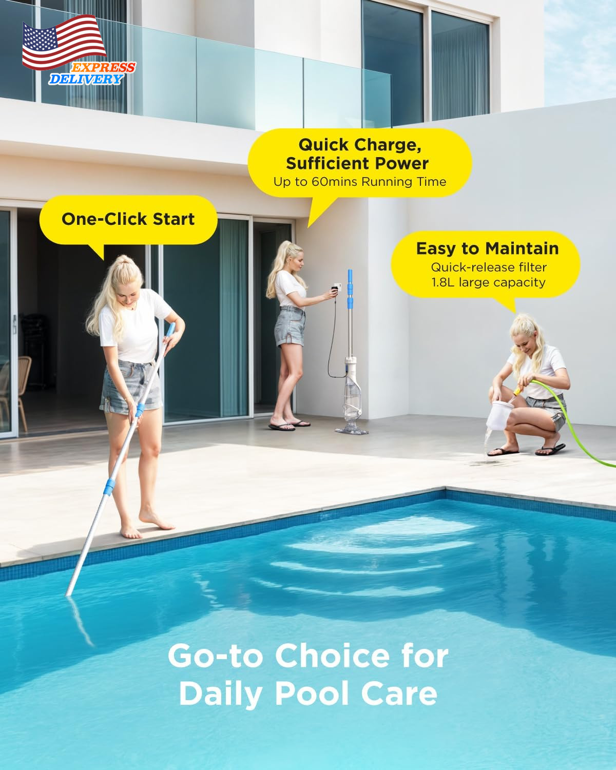 Cordless Pool Vacuum Cleaner Rechargeable Handheld for above & Inground Pools US