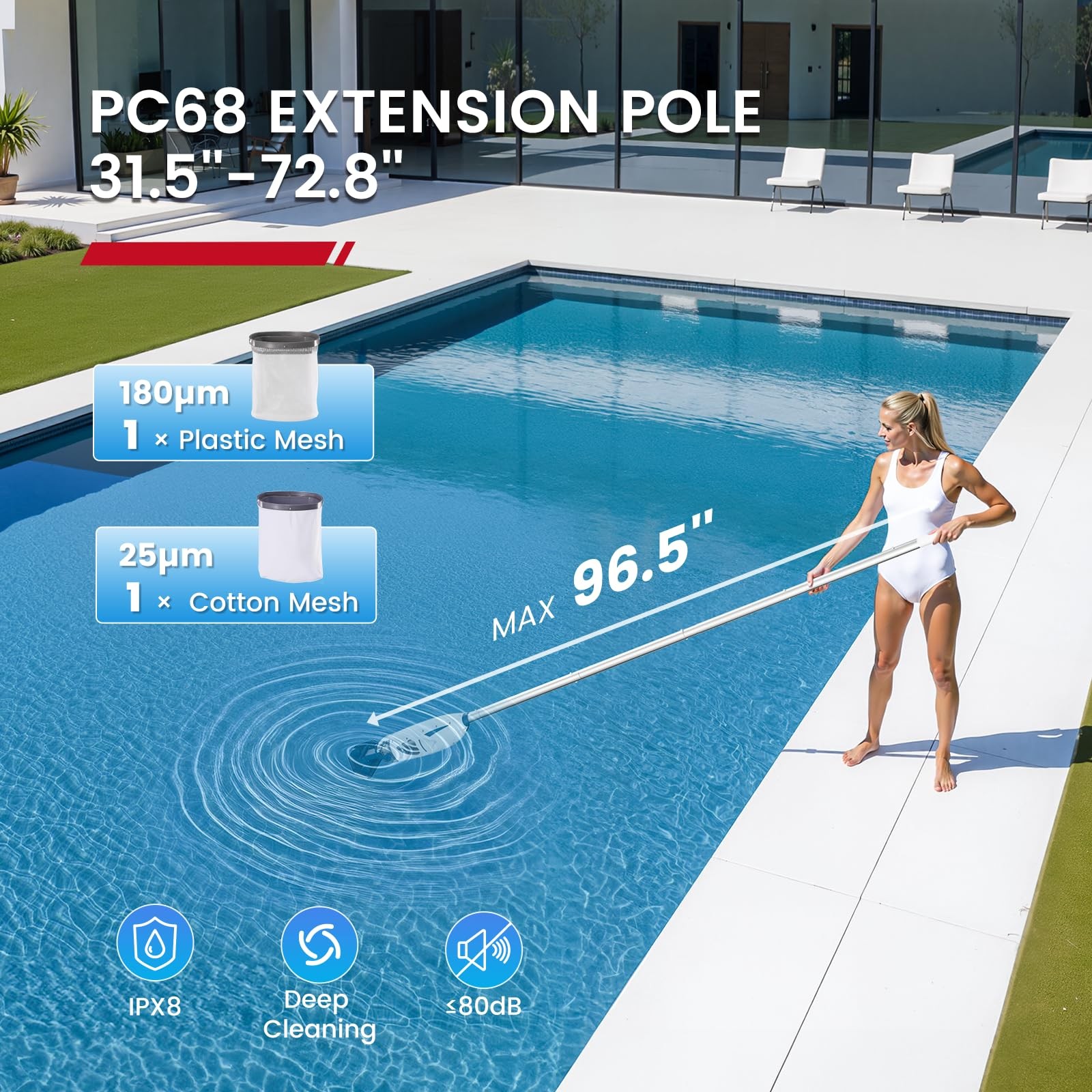 PC68 Cordless Pool Vacuum, Upgraded 26.5 GPM Beast-Level Suction, 6&prime; Extension