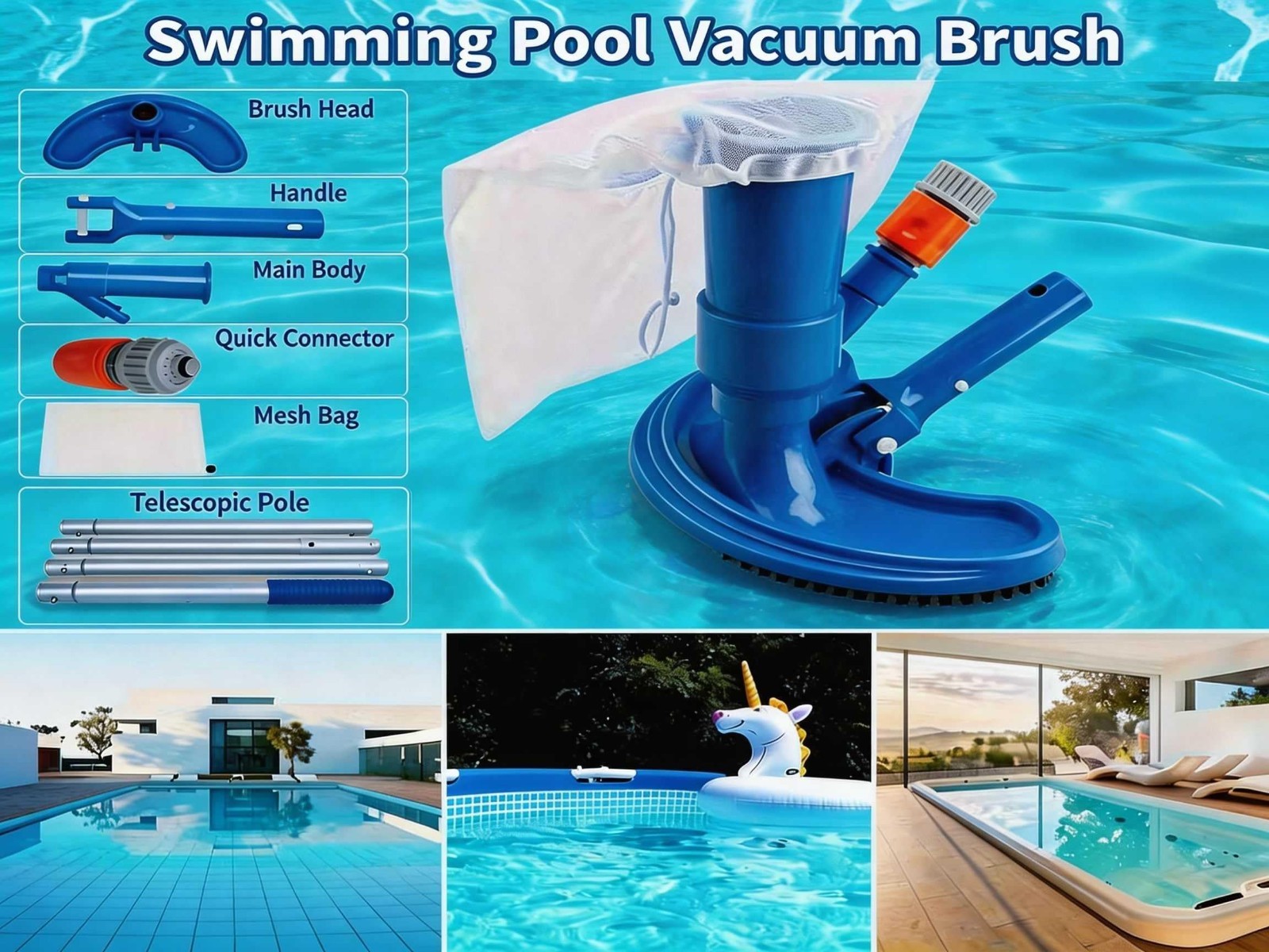 Handheld Pool Vacuum with 59&Prime; Pole – Garden Hose Powered, No Battery, Underwater