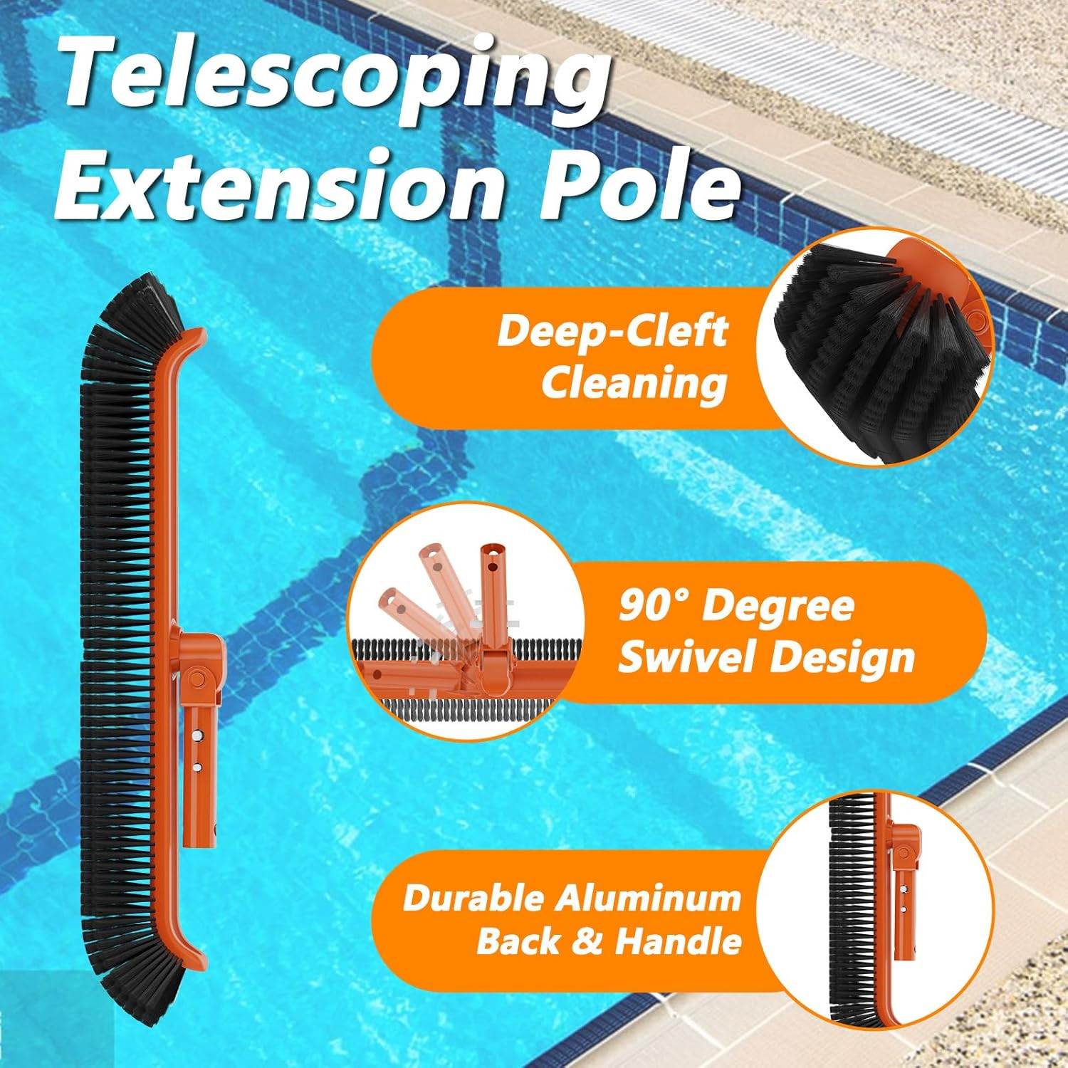 16FT Telescoping Pool Pole with 19&Prime; Brush – Heavy Duty Aluminum, Universal Fit