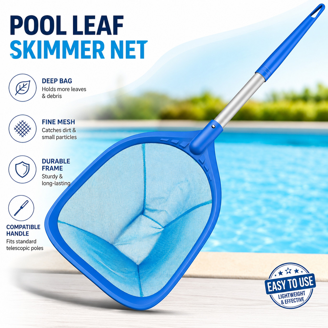 SWIMMING POOL SKIMMER NET , Leaf Rake Cleaner , Aluminum Pole for Fast Cleaning