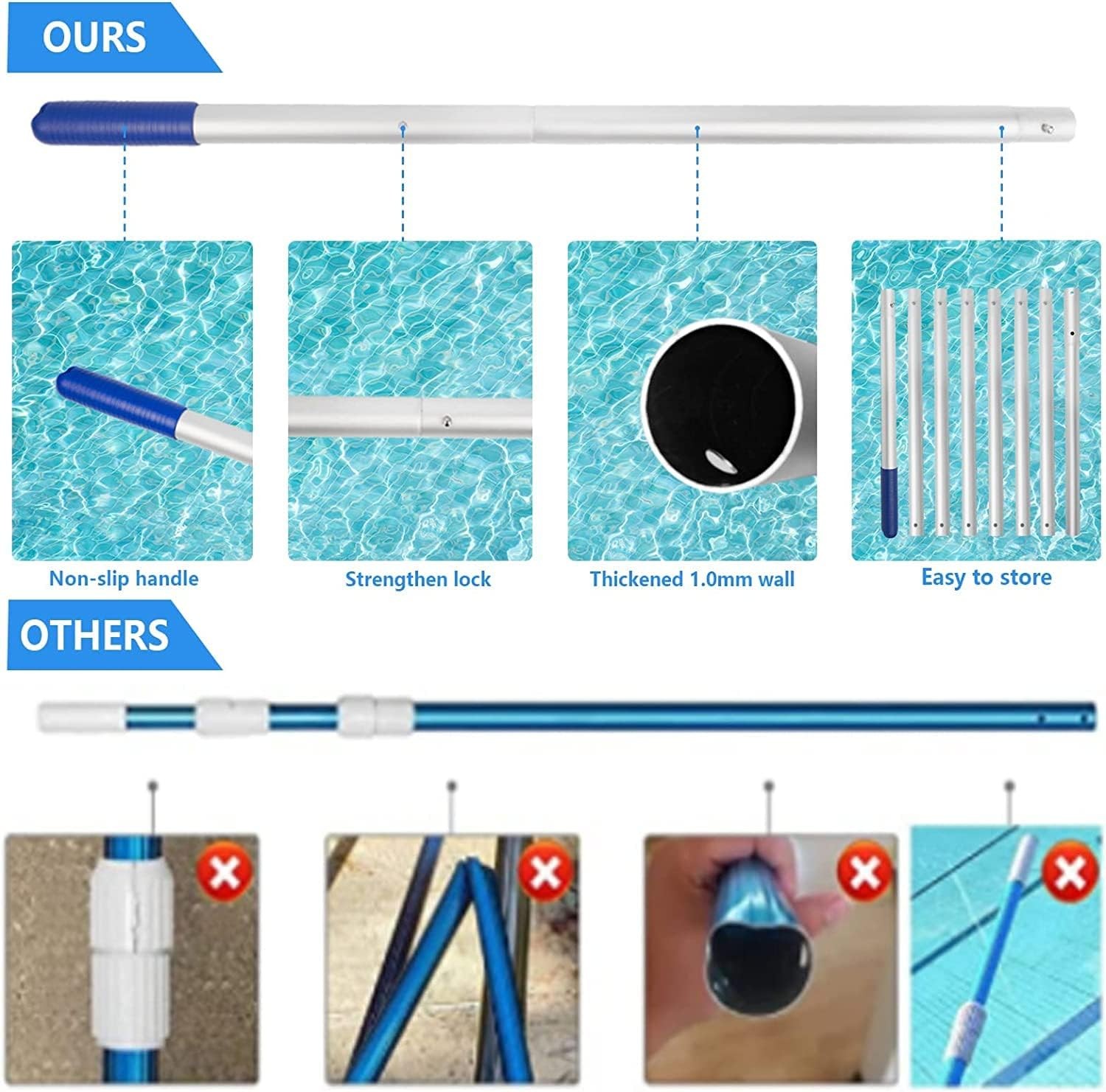 10.5 Foot Anodized Aluminum Adjustable Swimming Pool Pole 8-section segmented