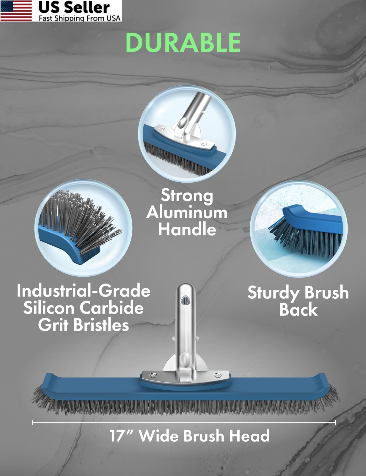 KEMANO Heavy Duty Pool Brush Head: STIFF BRISTLES FOR CONCRETE, Black