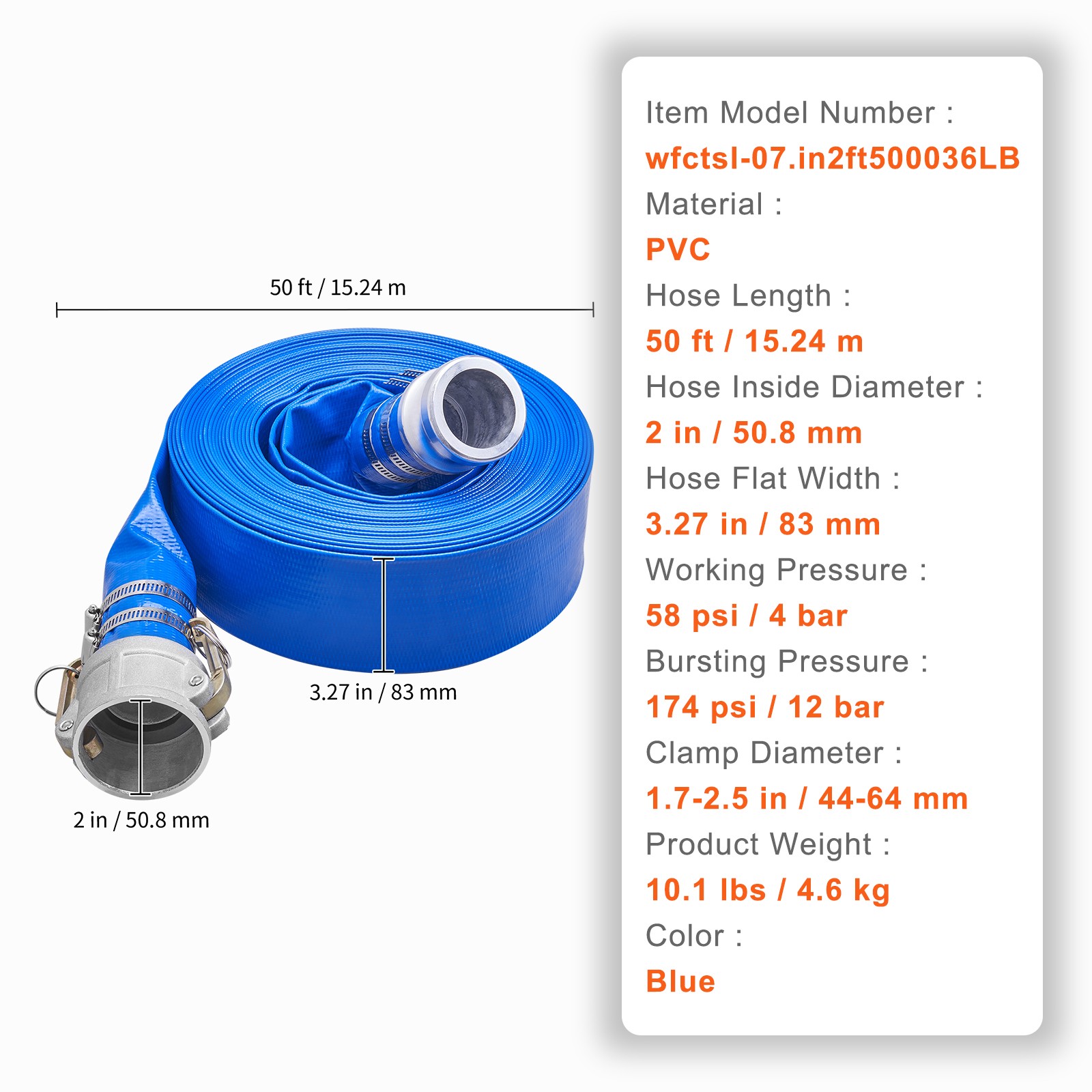 VEVOR Backwash Hose PVC Discharge Hose 2 in x 50 ft with Camlock C & E Fittings