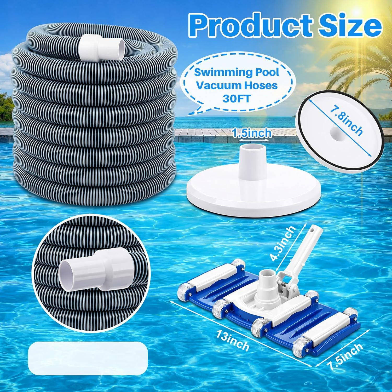 Complete 3-Piece Pool Cleaning Kit with Vacuum Head, Hoses & Skim Plate